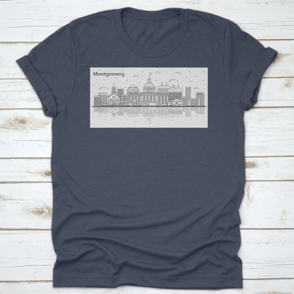 Outline of Montgomery Alabama city skyline featuring modern buildings on a stylish T-shirt.