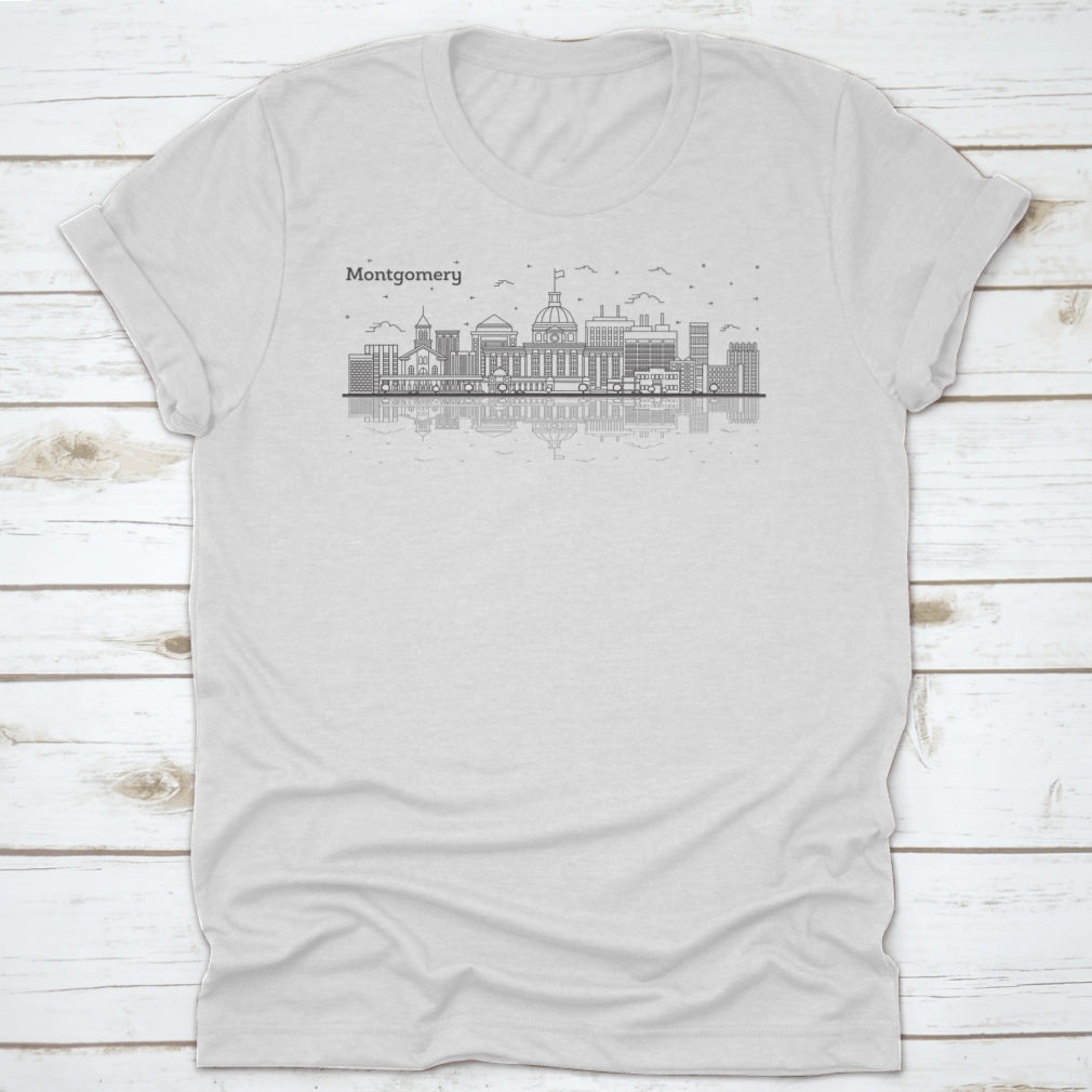 Outline of Montgomery Alabama city skyline featuring modern buildings on a stylish T-shirt.