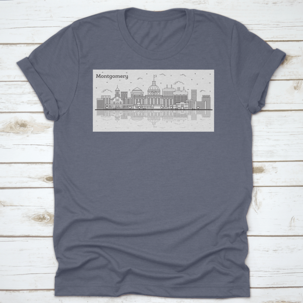 Outline of Montgomery Alabama city skyline featuring modern buildings on a stylish T-shirt.
