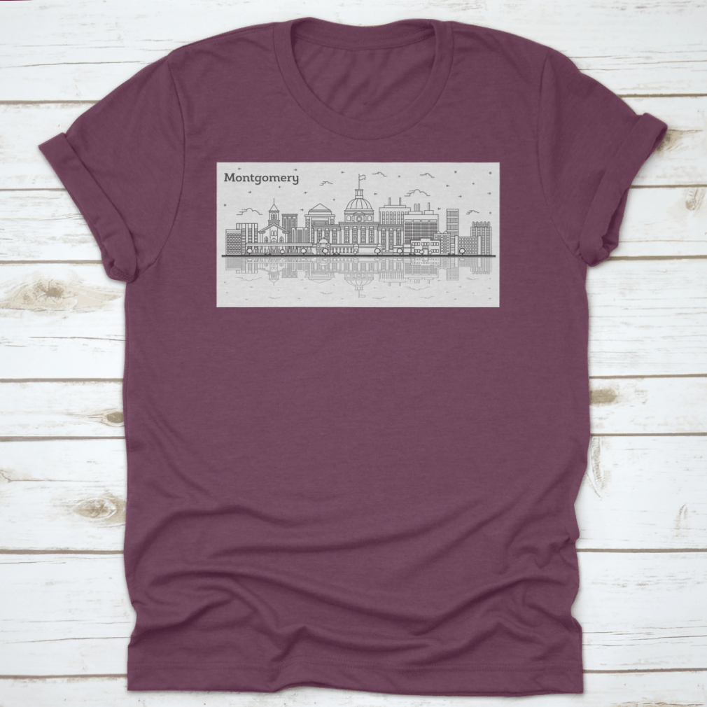 Outline of Montgomery Alabama city skyline featuring modern buildings on a stylish T-shirt.