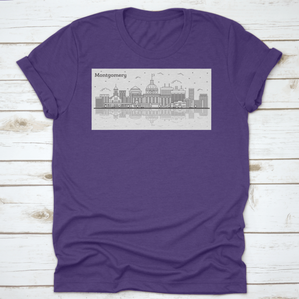 Outline of Montgomery Alabama city skyline featuring modern buildings on a stylish T-shirt.
