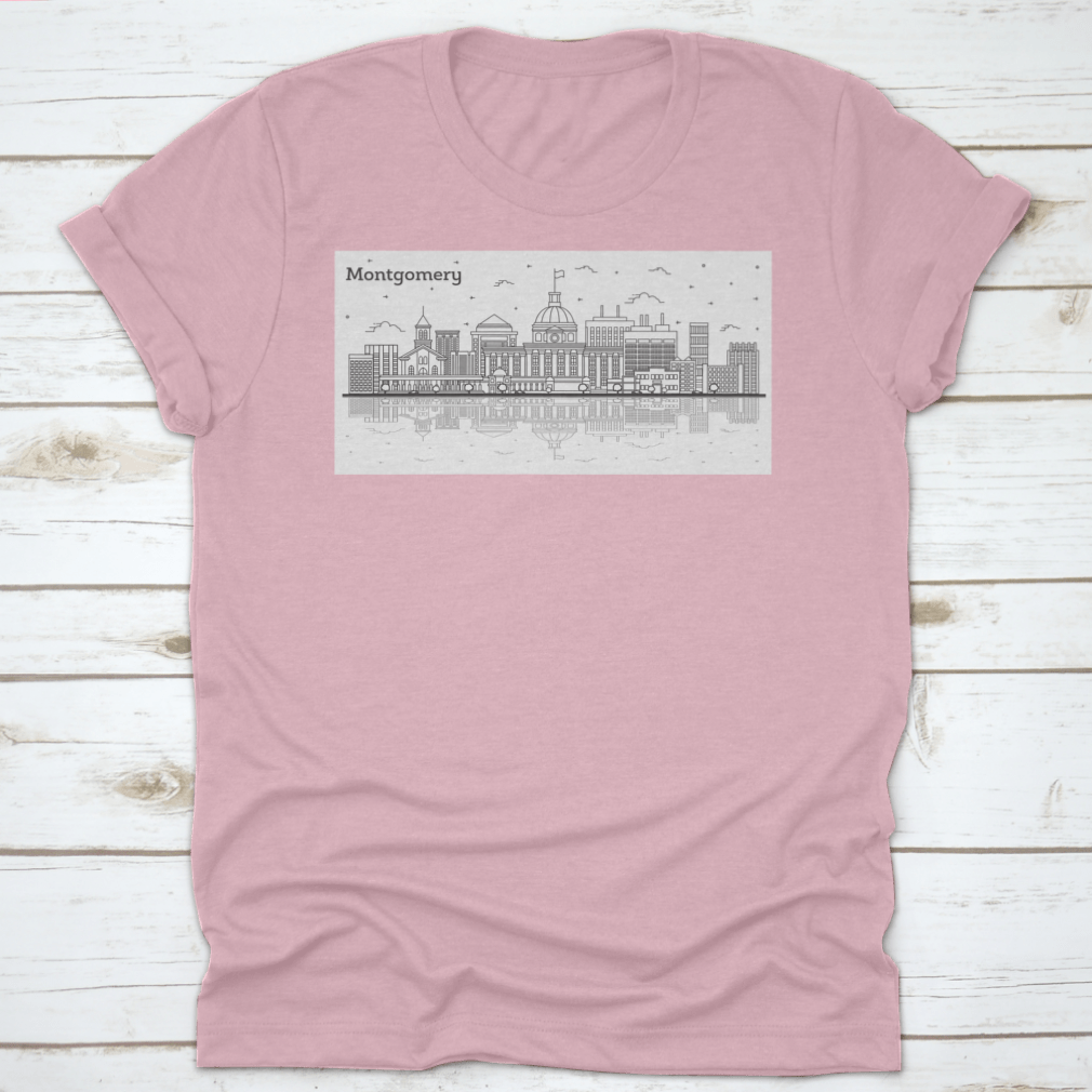 Outline of Montgomery Alabama city skyline featuring modern buildings on a stylish T-shirt.