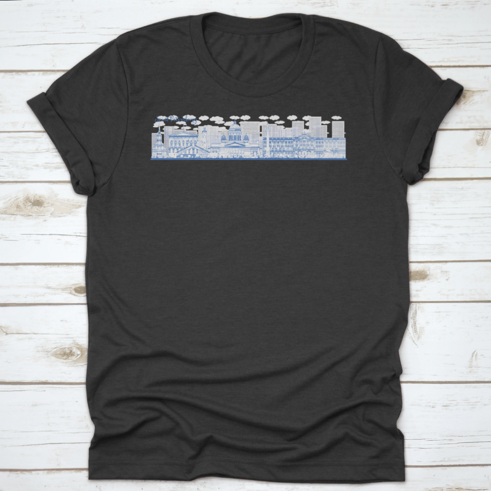 Outline of Saint Petersburg skyline featuring blue landmarks on a stylish t-shirt.