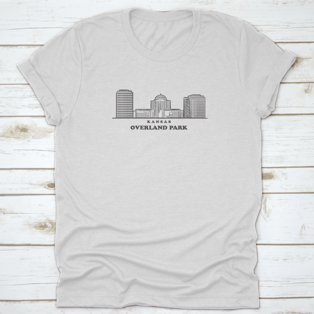 A detailed drawn sketch of the Overland Park skyline in Kansas, showcasing iconic buildings and structures.