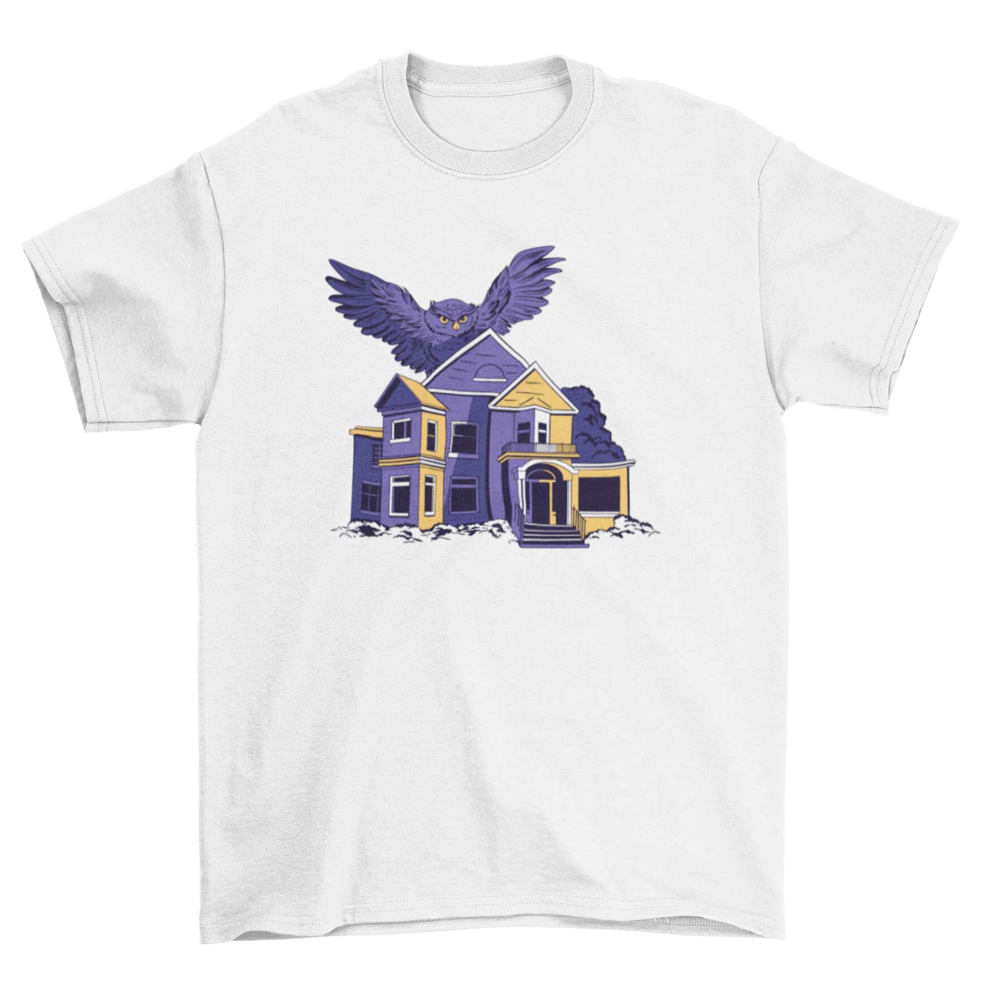 A stylish t-shirt featuring an owl flying over a suburban house, showcasing a unique and artistic design.