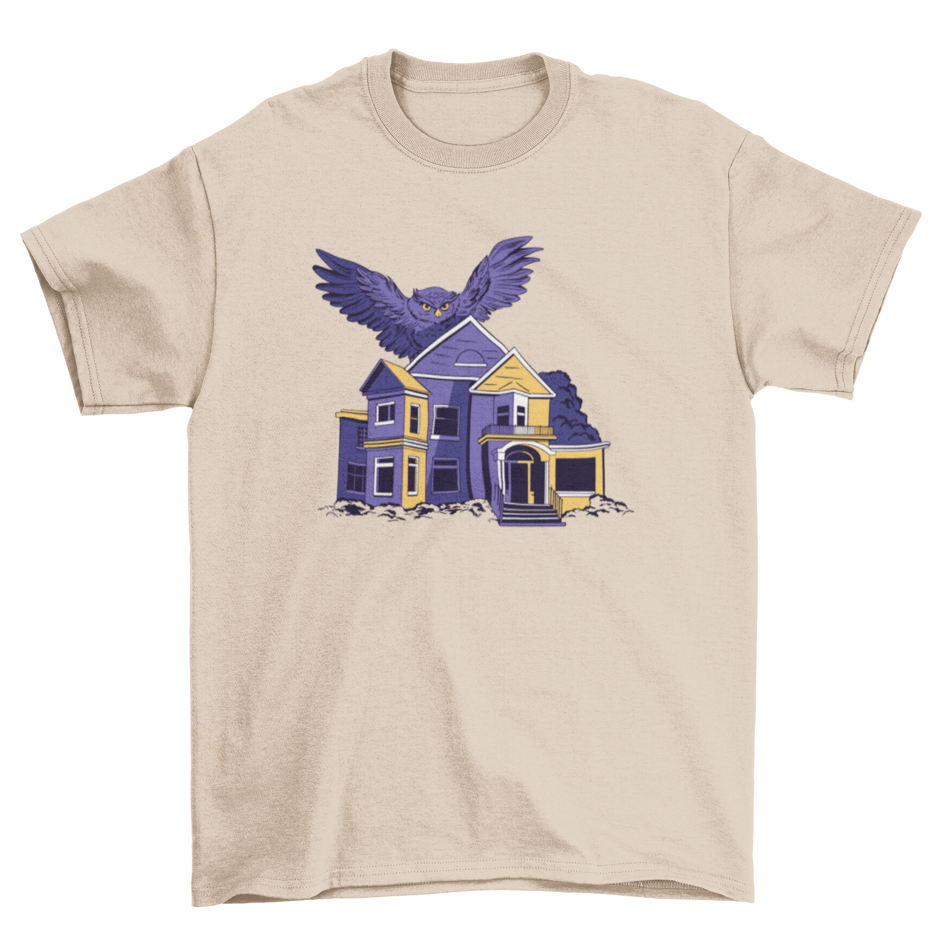 A stylish t-shirt featuring an owl flying over a suburban house, showcasing a unique and artistic design.