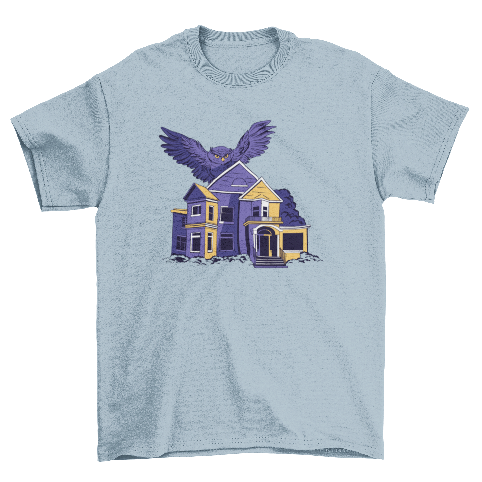 A stylish t-shirt featuring an owl flying over a suburban house, showcasing a unique and artistic design.