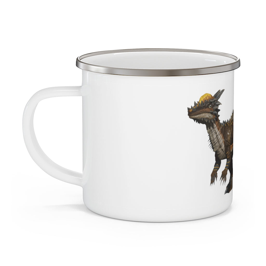 Pachycephalosaurus Enamel Camping Mug featuring a colorful dinosaur design, perfect for outdoor adventures.