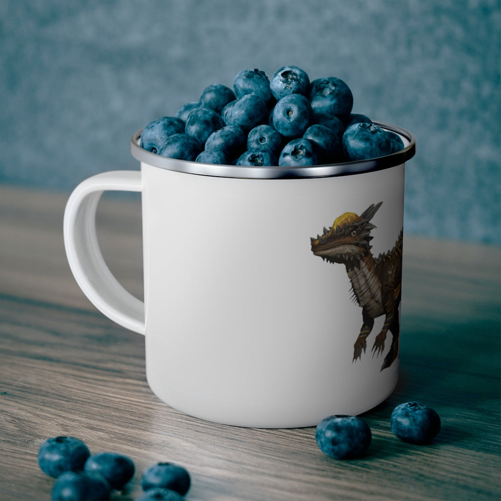 Pachycephalosaurus Enamel Camping Mug featuring a colorful dinosaur design, perfect for outdoor adventures.