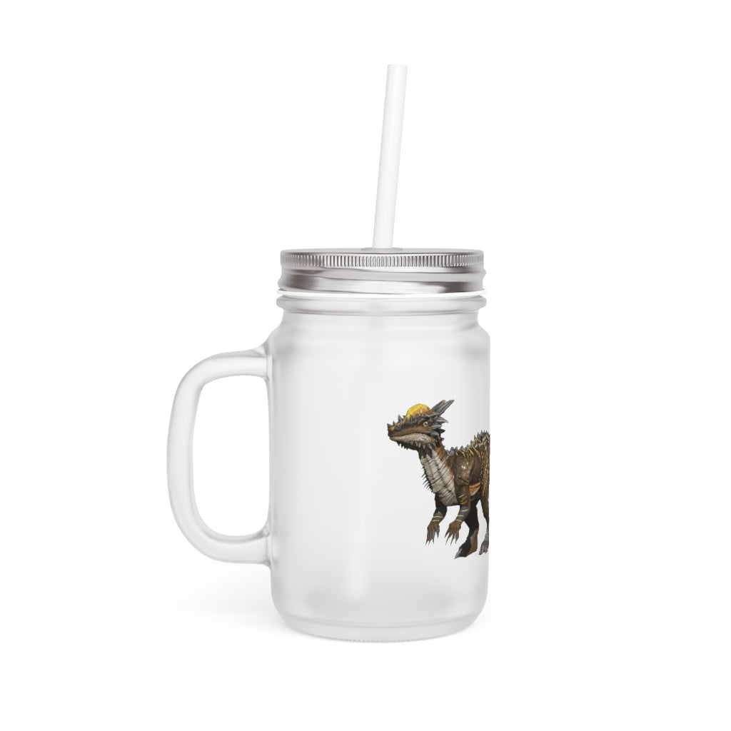 A frosted glass mason jar featuring a Pachycephalosaurus design, complete with a straw and lid, perfect for personalized drinks.