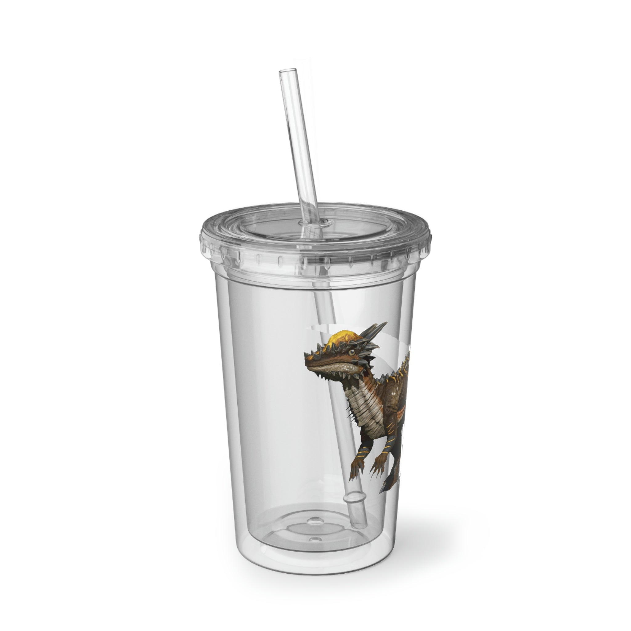 Pachycephalosaurus Suave Acrylic Cup with vibrant design, double-wall insulation, and a plastic lid and straw.