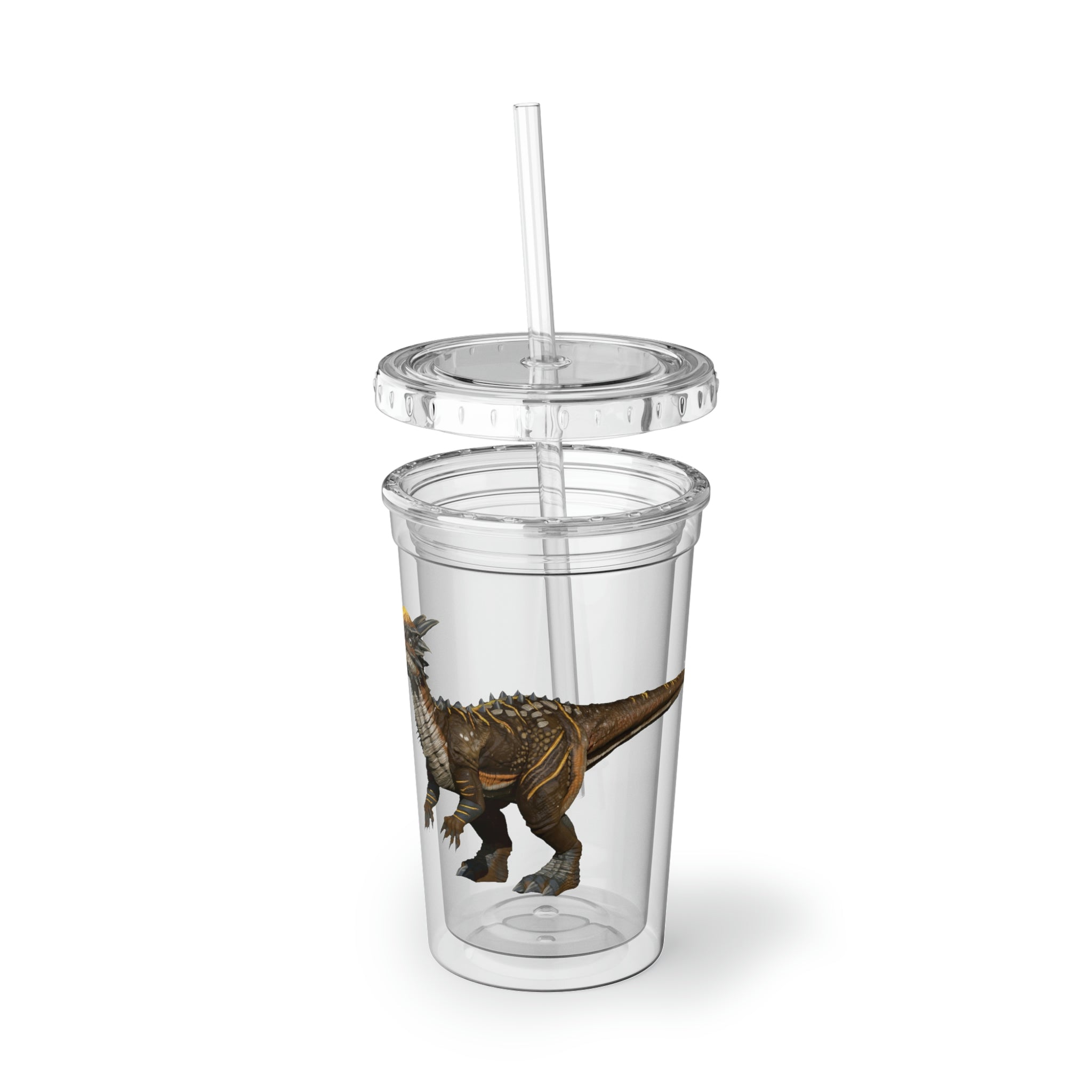 Pachycephalosaurus Suave Acrylic Cup with vibrant design, double-wall insulation, and a plastic lid and straw.
