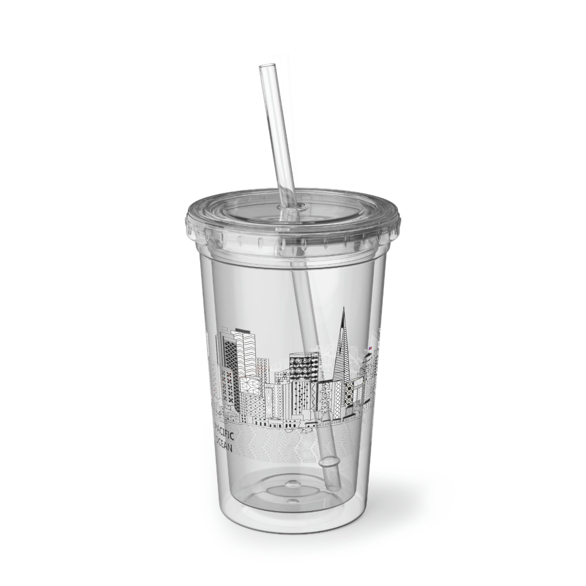 Pacific Ocean Suave Acrylic Cup with double-wall insulation, featuring a plastic lid and straw, ideal for hot and cold beverages.