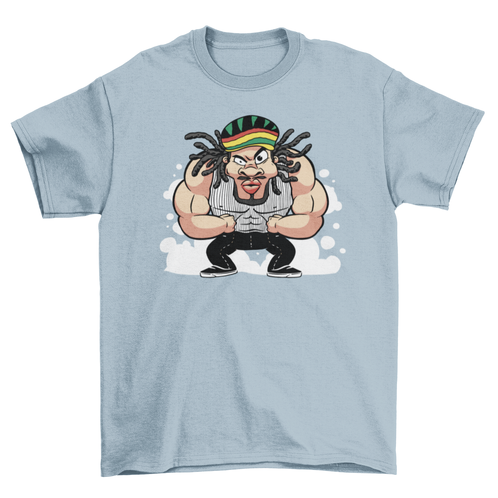 A vibrant packed rastafarian t-shirt design featuring colorful graphics and cultural elements.