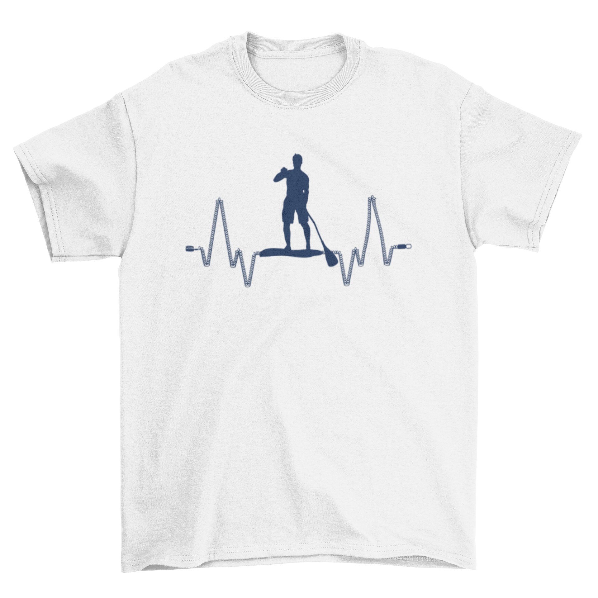 A stylish t-shirt featuring a unique design of a man paddleboarding integrated with a heartbeat line.