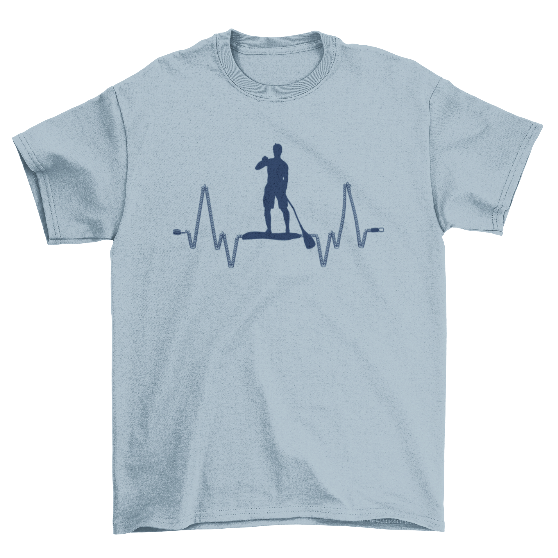 A stylish t-shirt featuring a unique design of a man paddleboarding integrated with a heartbeat line.
