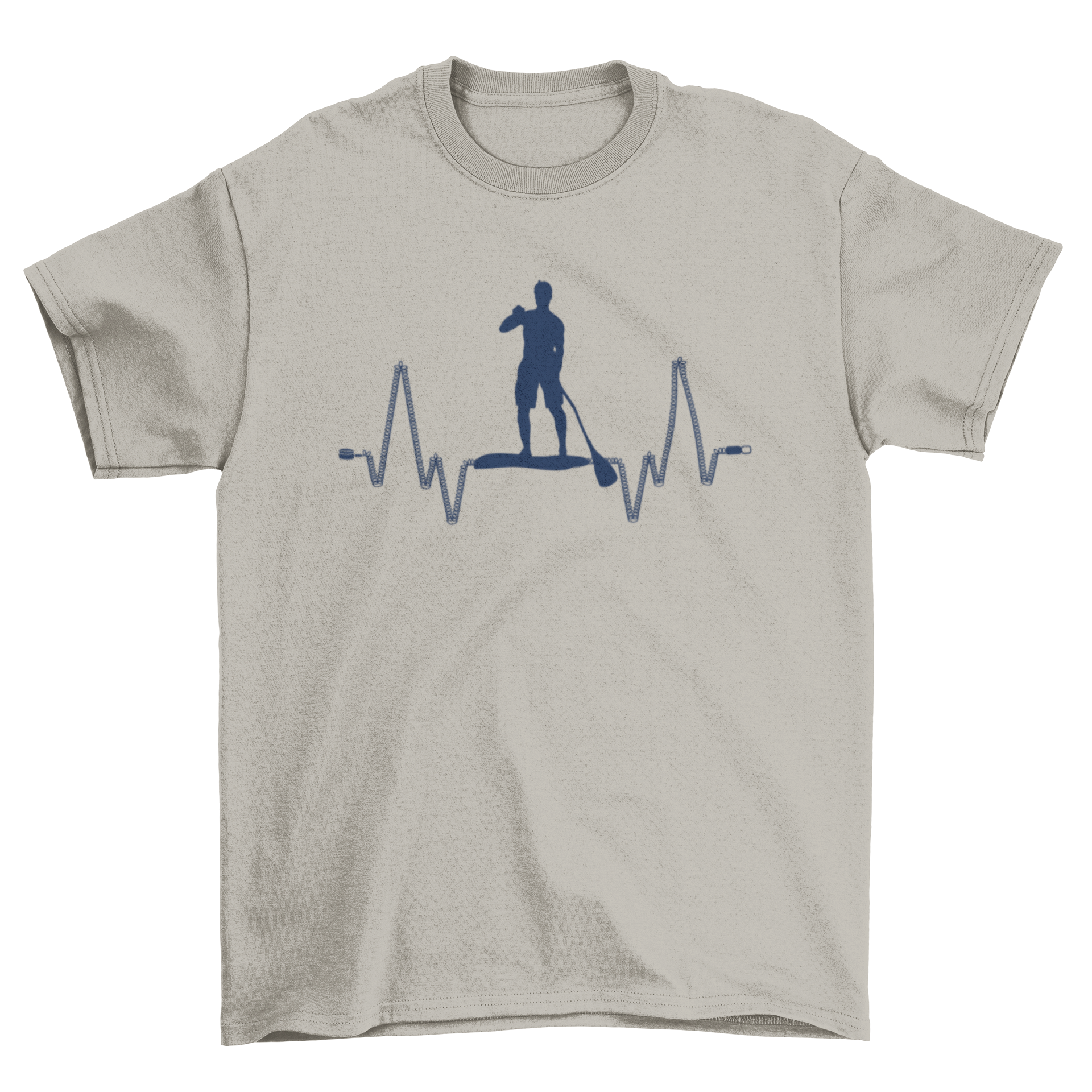 A stylish t-shirt featuring a unique design of a man paddleboarding integrated with a heartbeat line.