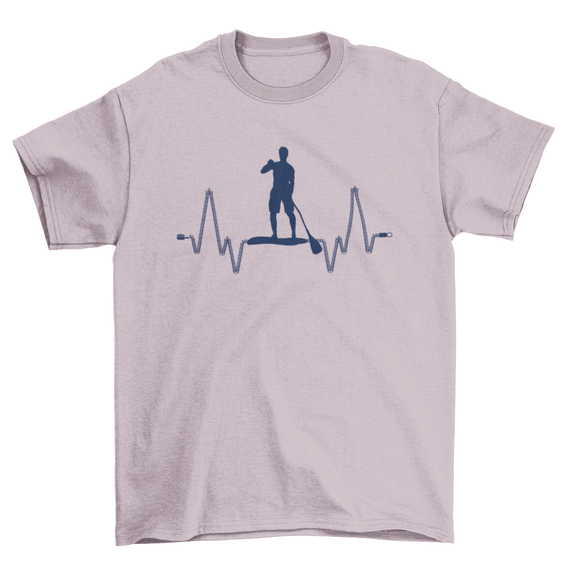 A stylish t-shirt featuring a unique design of a man paddleboarding integrated with a heartbeat line.
