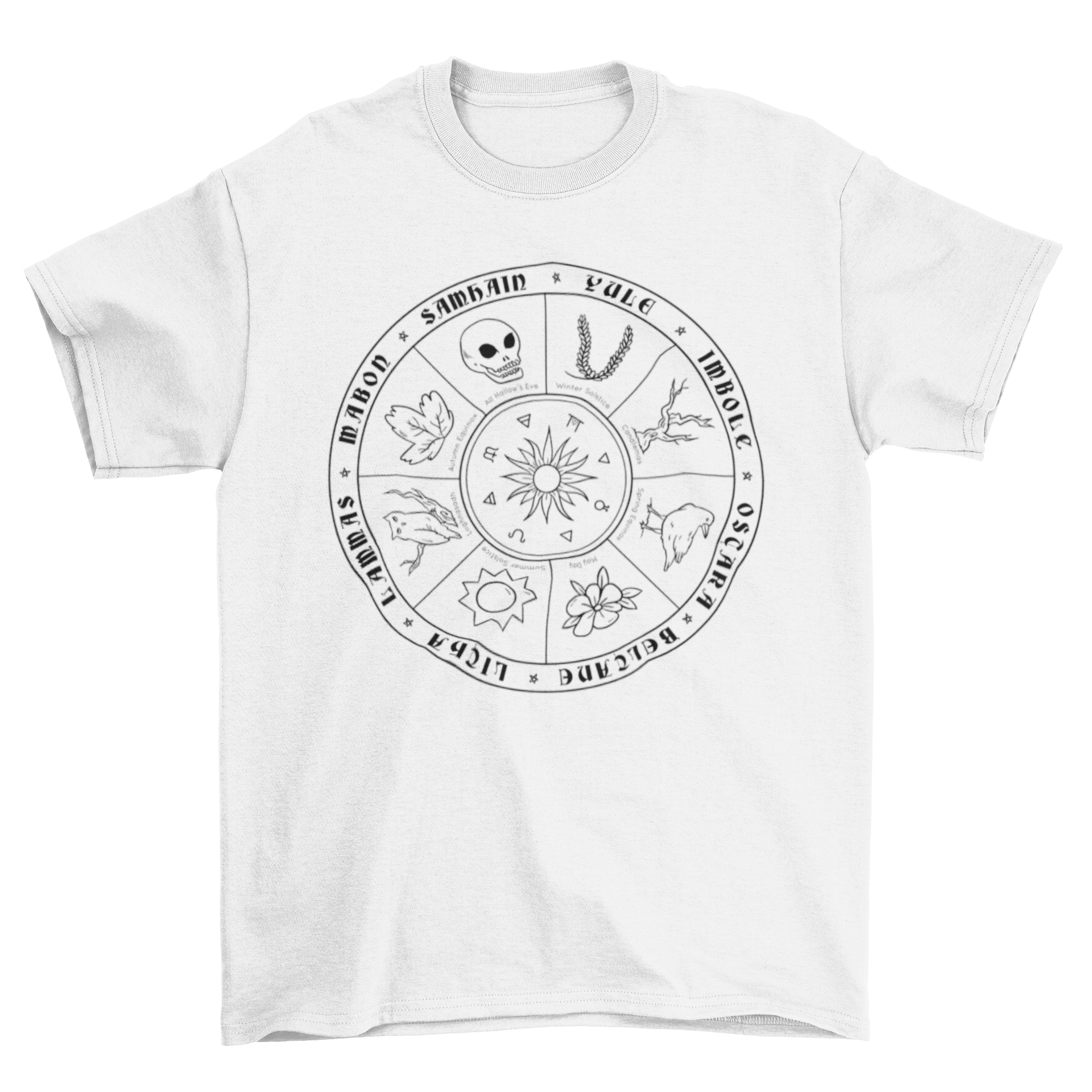Pagan Calendar Line T-shirt featuring intricate pagan calendar illustration on a soft fabric.