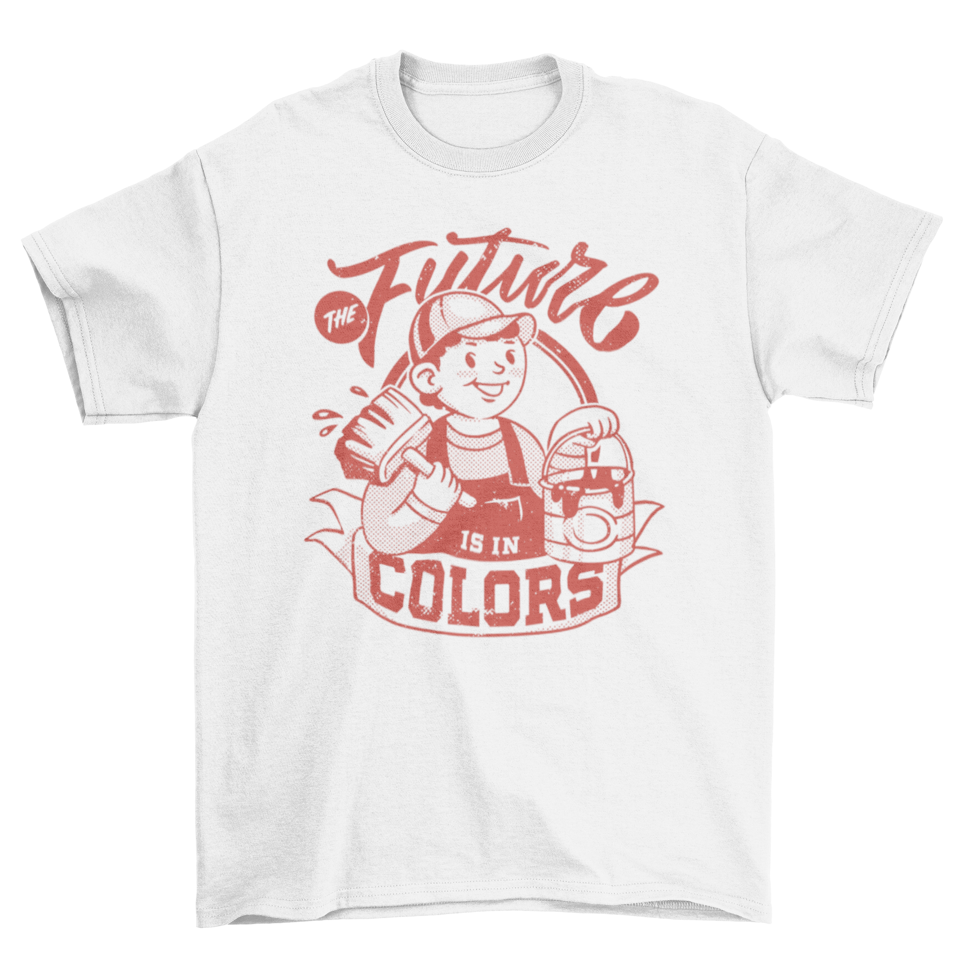 A vibrant t-shirt featuring a retro cartoon painter and the quote 'The future is in colors', perfect for art enthusiasts.