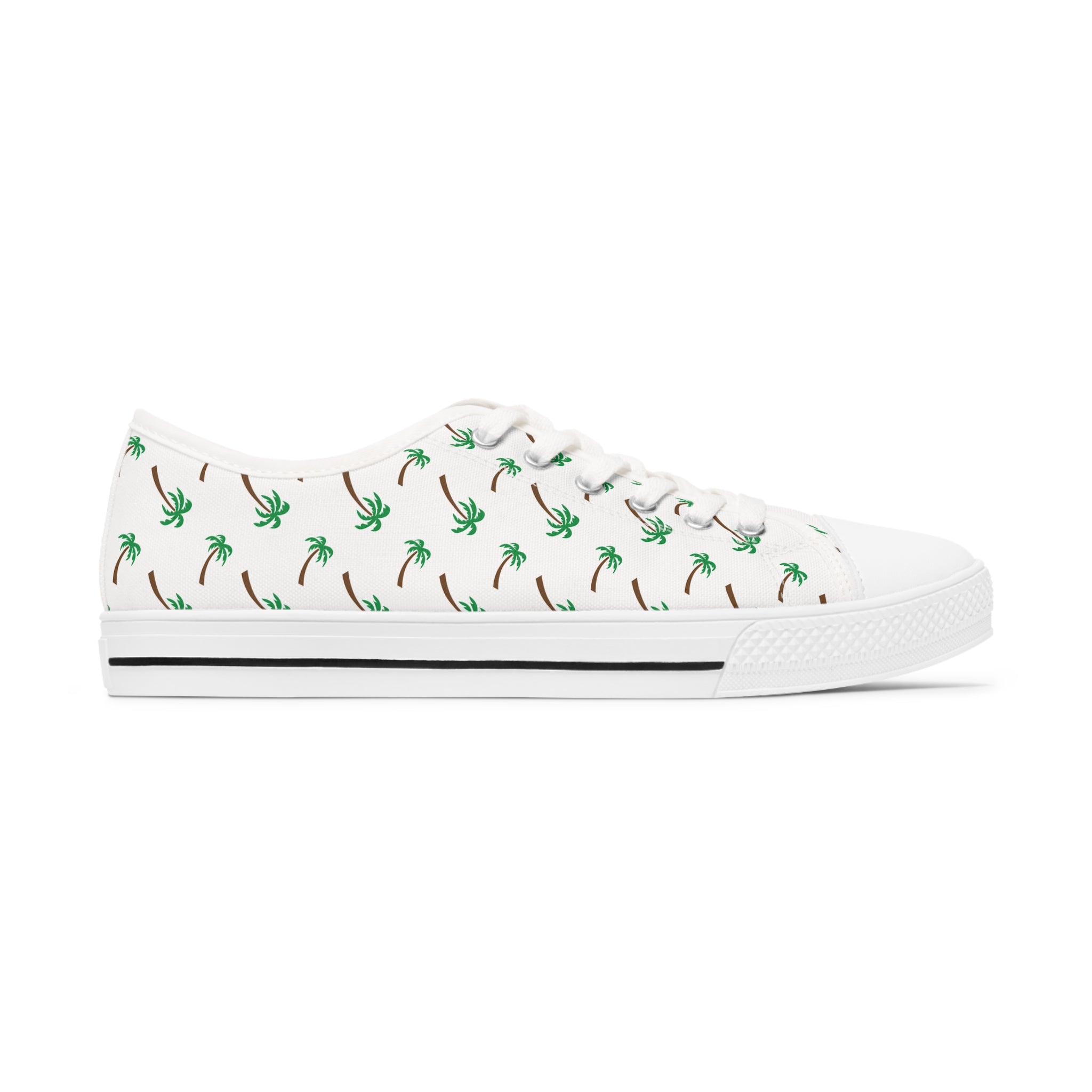 A pair of Palm Tree Women's Low Top Sneakers in black and white, showcasing breathable canvas and stylish design with silver metal eyelets.
