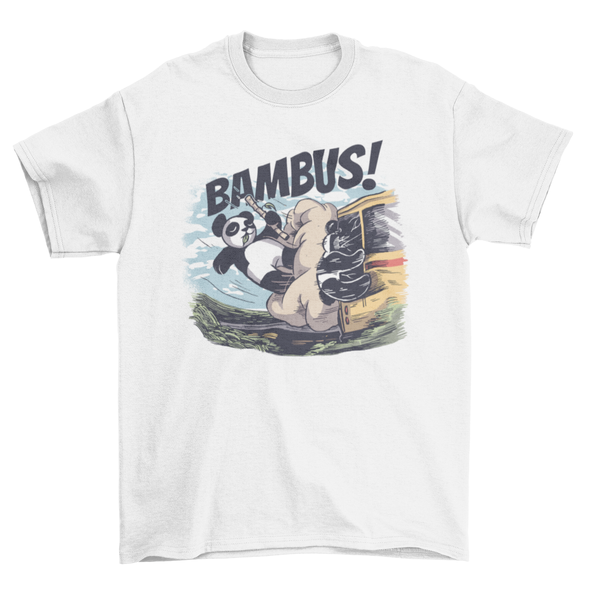 Panda bear holding bamboo stick humorously depicted in a bus crash on a t-shirt.