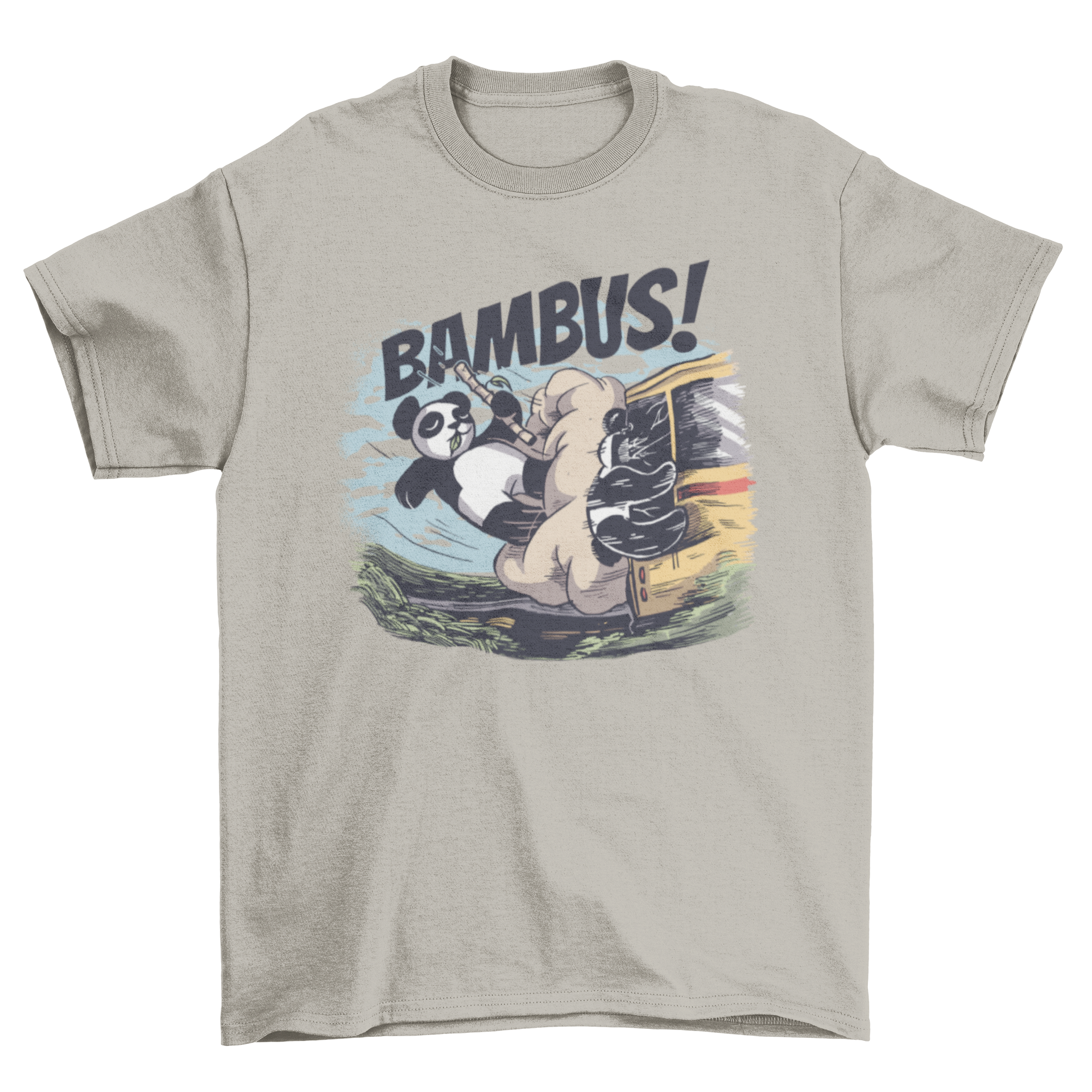 Panda bear holding bamboo stick humorously depicted in a bus crash on a t-shirt.