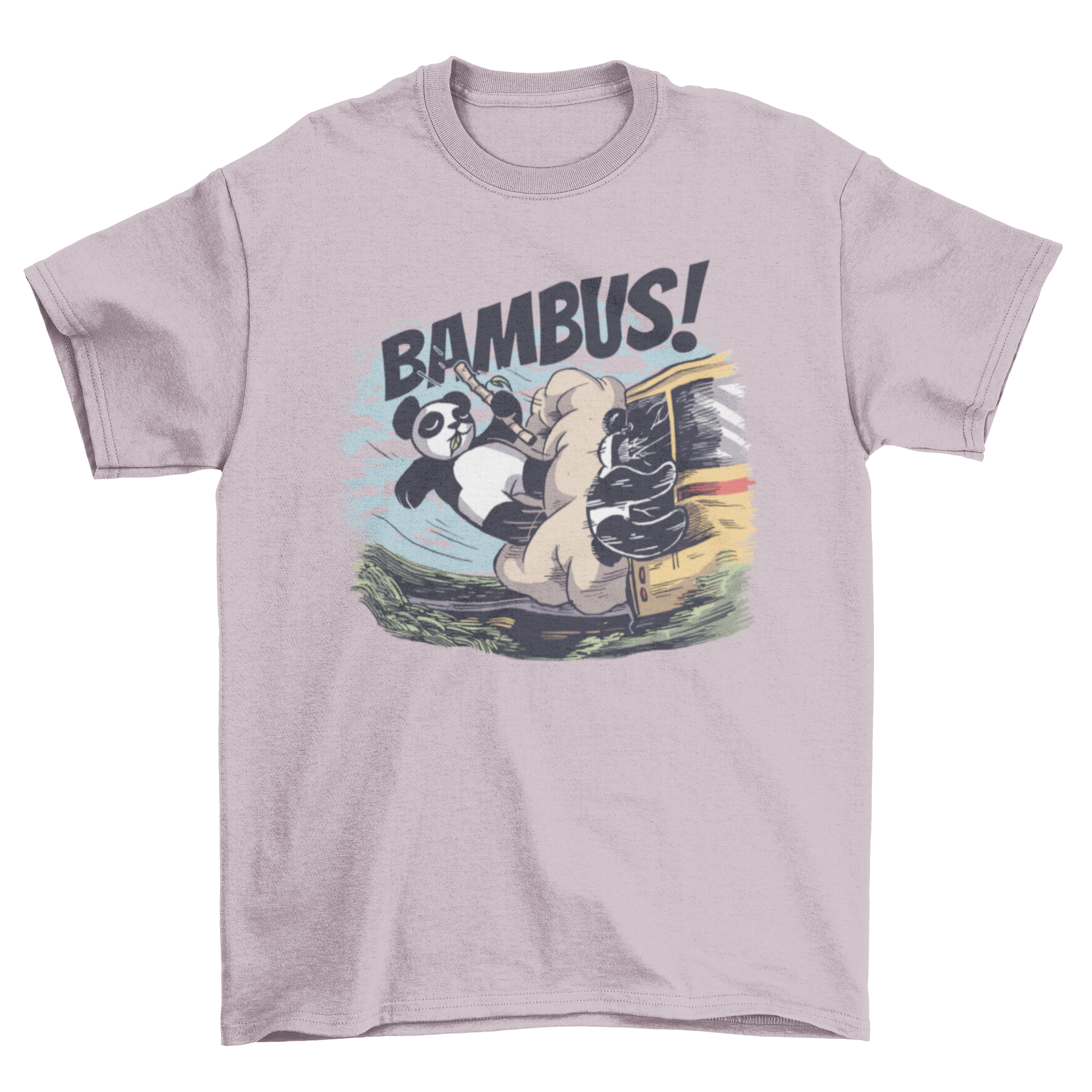 Panda bear holding bamboo stick humorously depicted in a bus crash on a t-shirt.