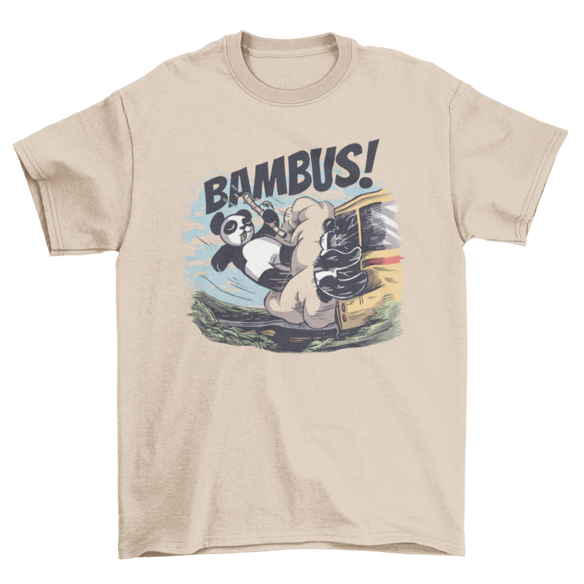 Panda bear holding bamboo stick humorously depicted in a bus crash on a t-shirt.
