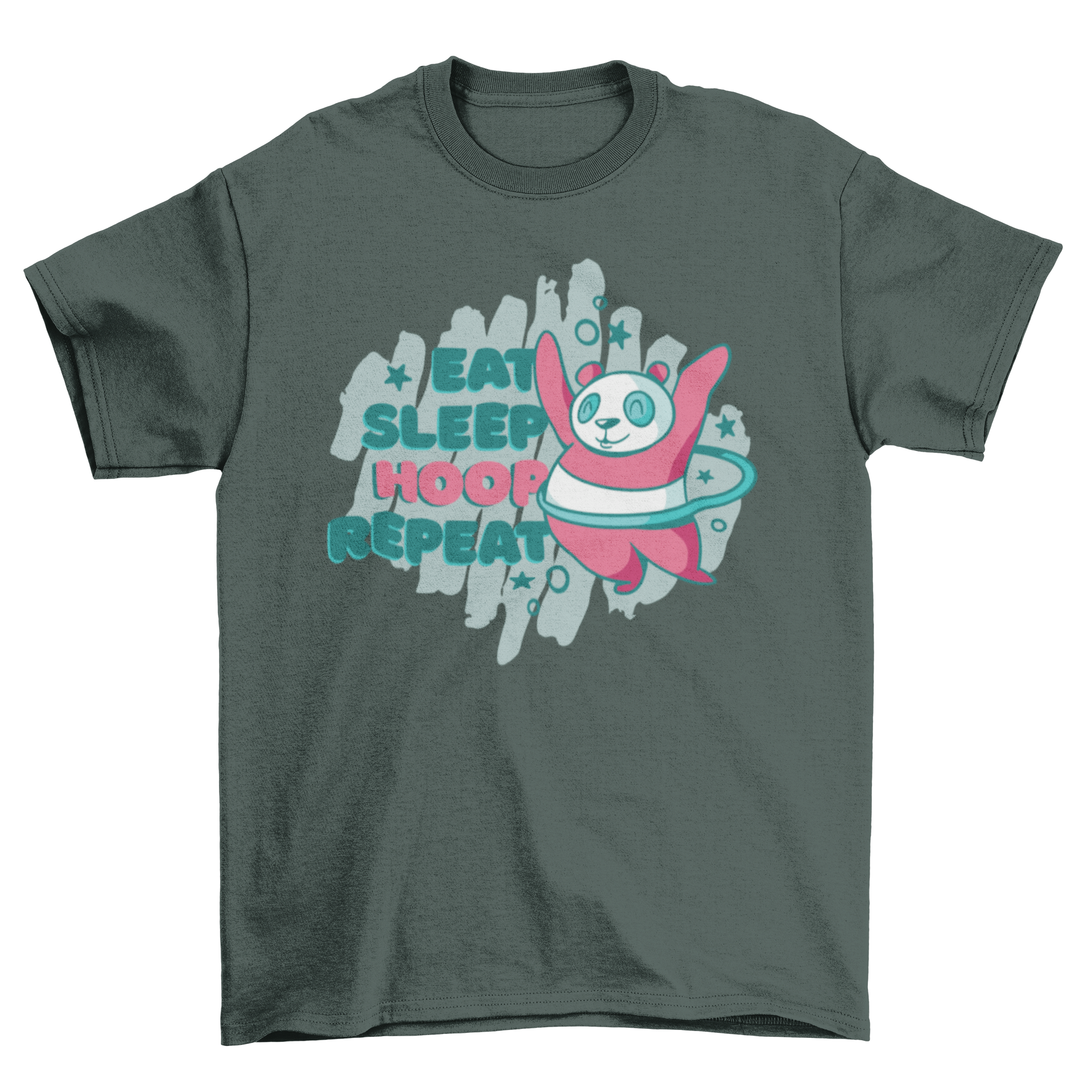 Cute t-shirt featuring a panda bear hula hooping with the quote 'Eat, sleep, hoop, repeat'.