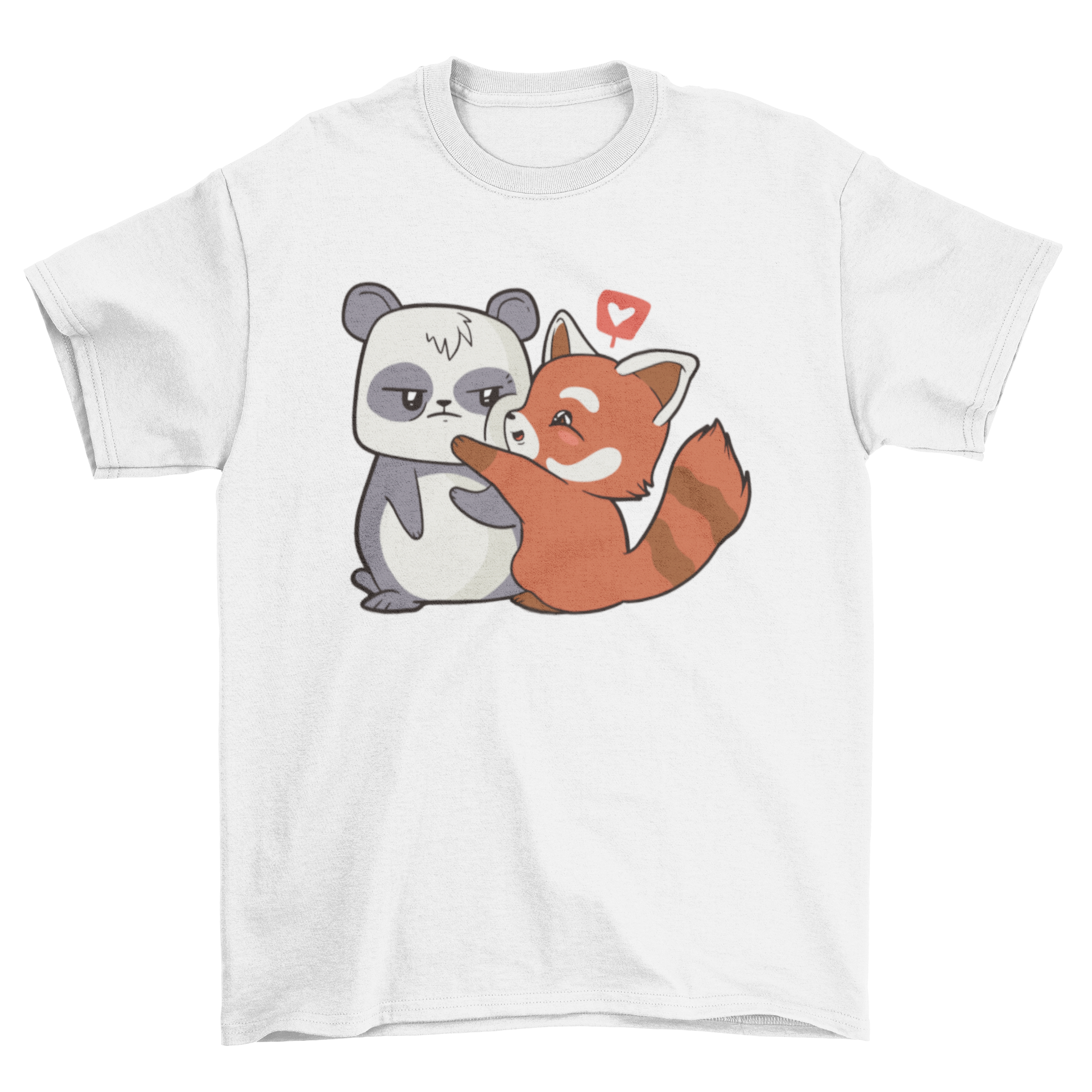 A cute T-shirt design featuring a panda bear and a red panda couple in a loving pose.