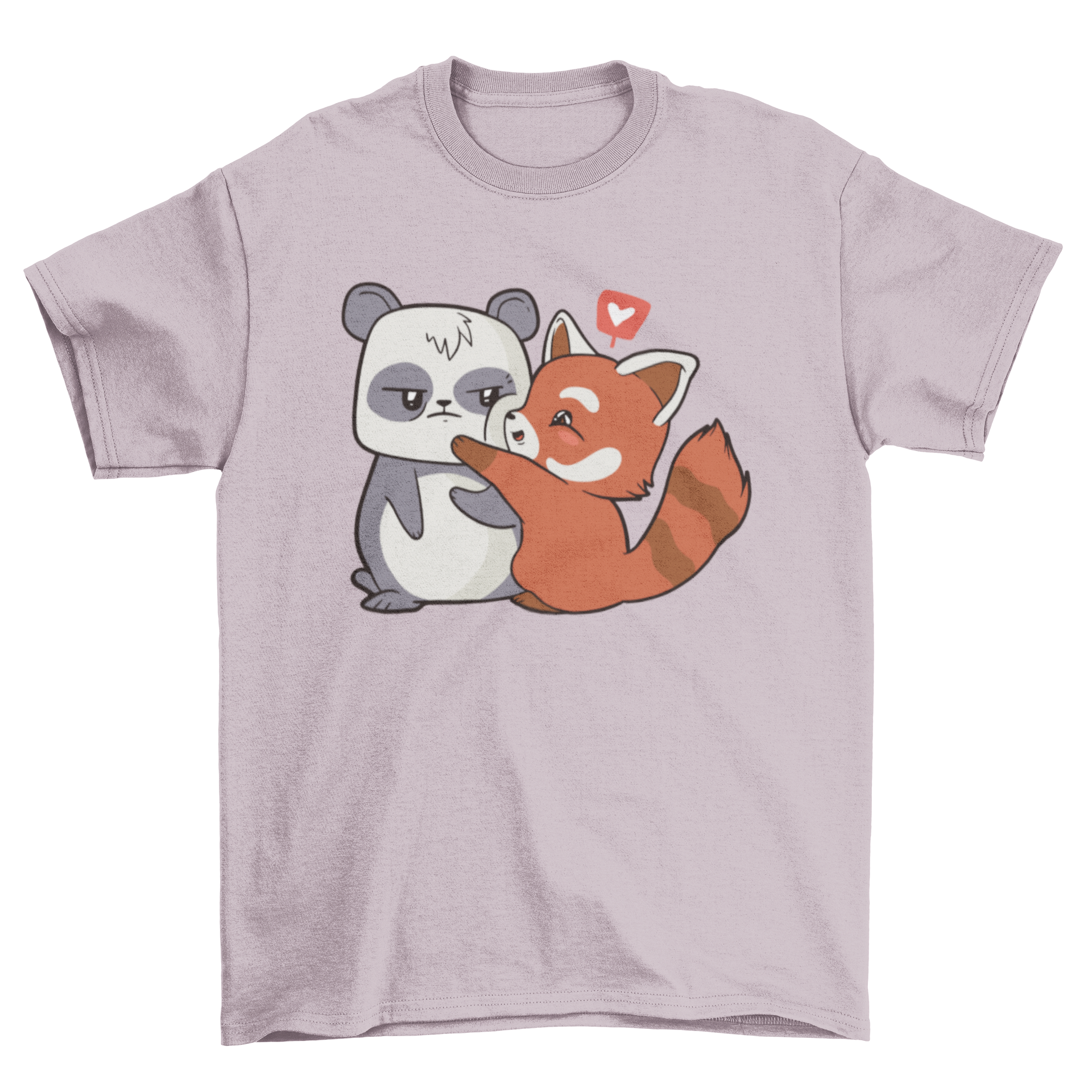 A cute T-shirt design featuring a panda bear and a red panda couple in a loving pose.