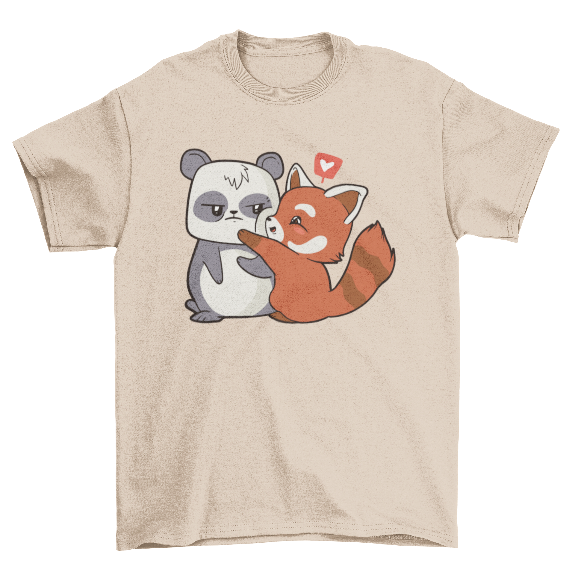 A cute T-shirt design featuring a panda bear and a red panda couple in a loving pose.