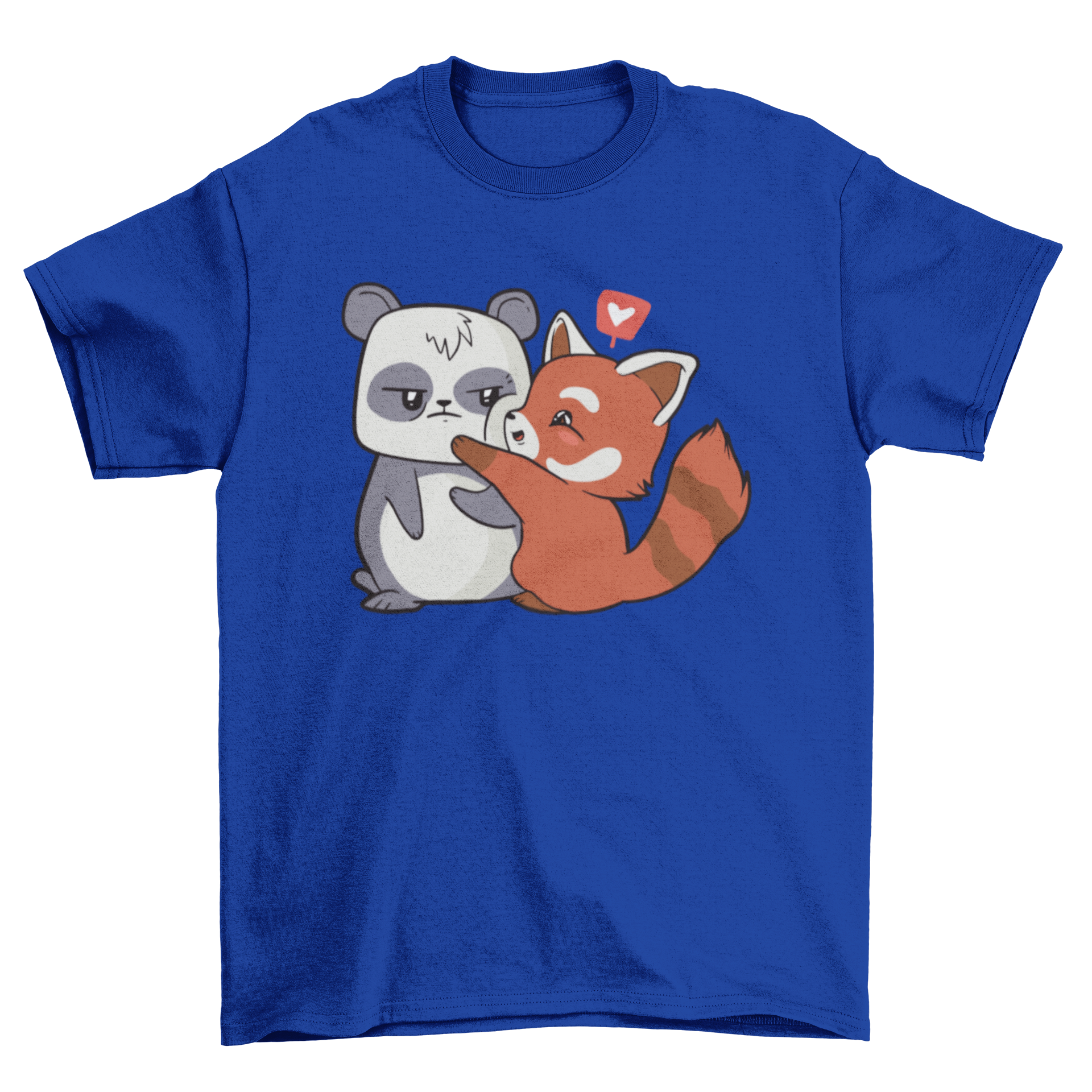 A cute T-shirt design featuring a panda bear and a red panda couple in a loving pose.