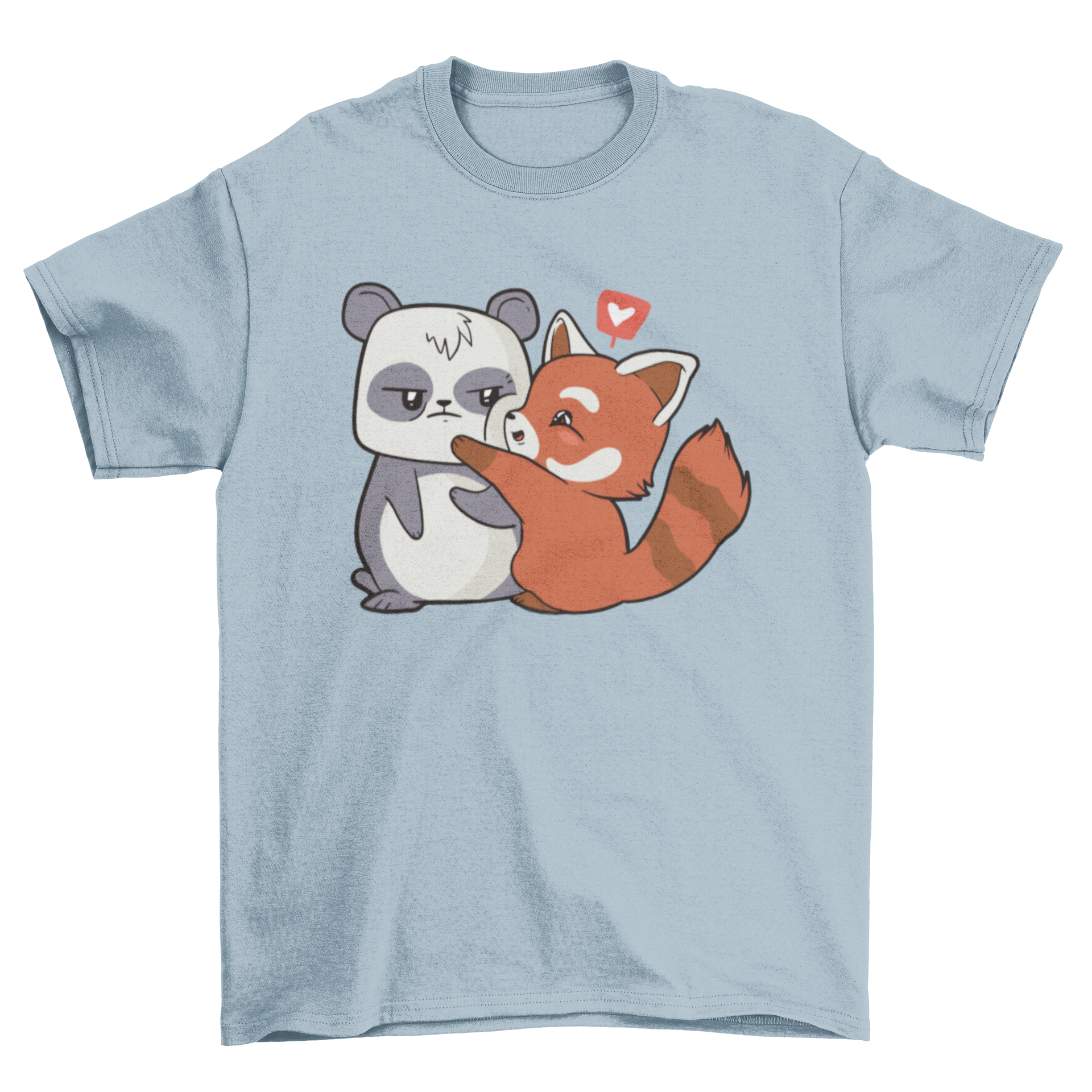 A cute T-shirt design featuring a panda bear and a red panda couple in a loving pose.