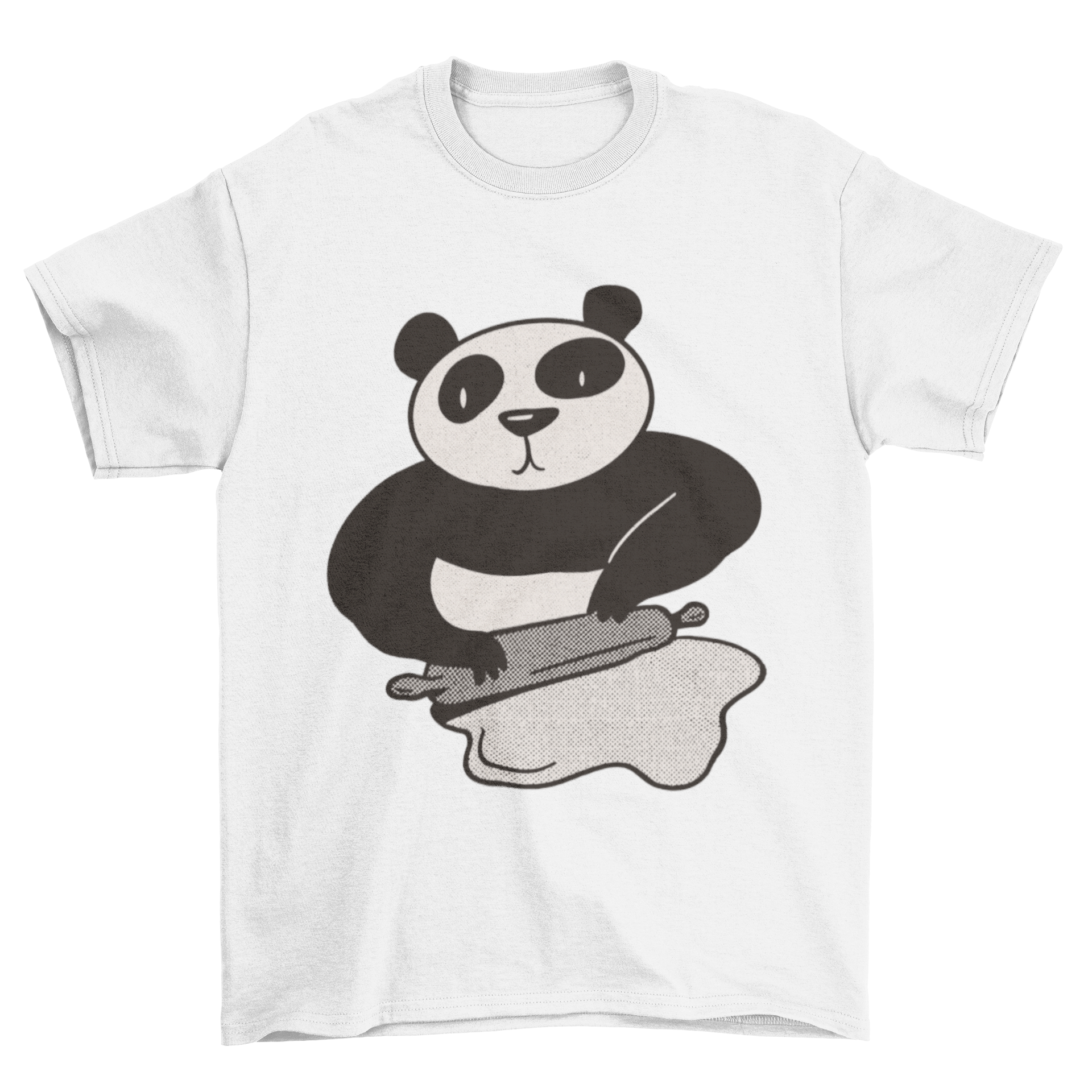 A cute t-shirt featuring a panda using a rolling pin, perfect for cooking enthusiasts.