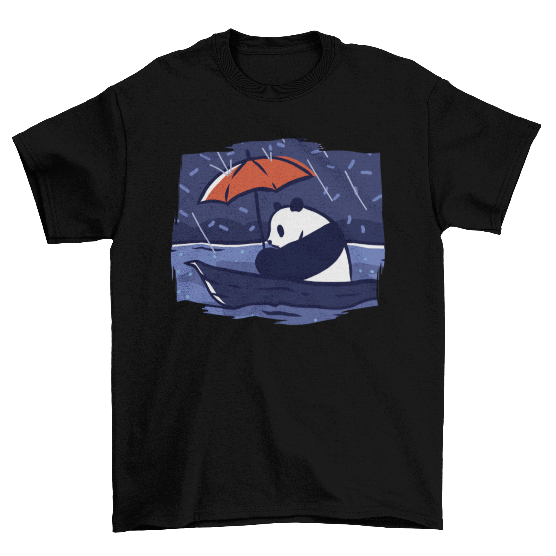 A cute t-shirt design featuring a panda bear riding a boat and holding a red umbrella, showcasing a whimsical and playful illustration.