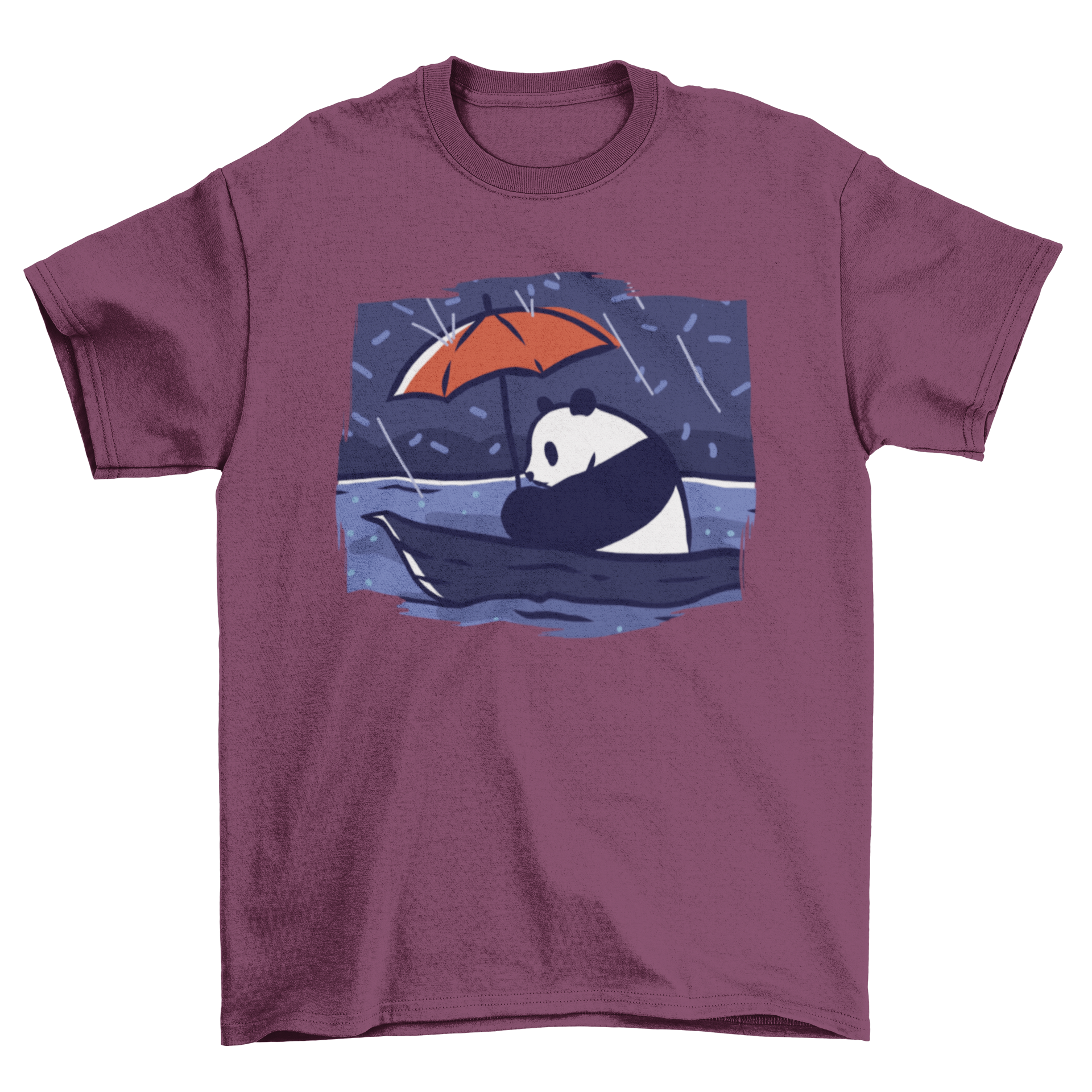 A cute t-shirt design featuring a panda bear riding a boat and holding a red umbrella, showcasing a whimsical and playful illustration.