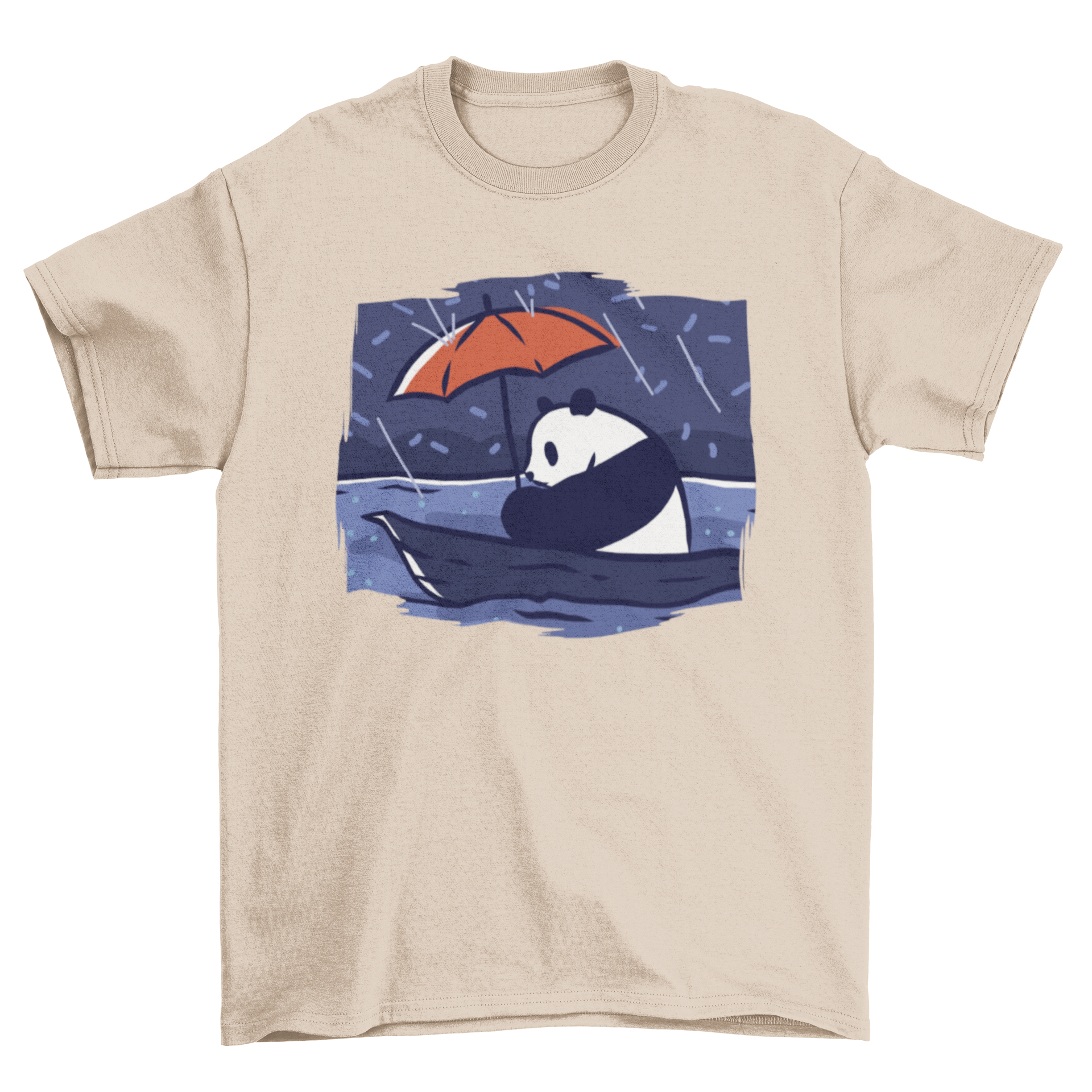 A cute t-shirt design featuring a panda bear riding a boat and holding a red umbrella, showcasing a whimsical and playful illustration.
