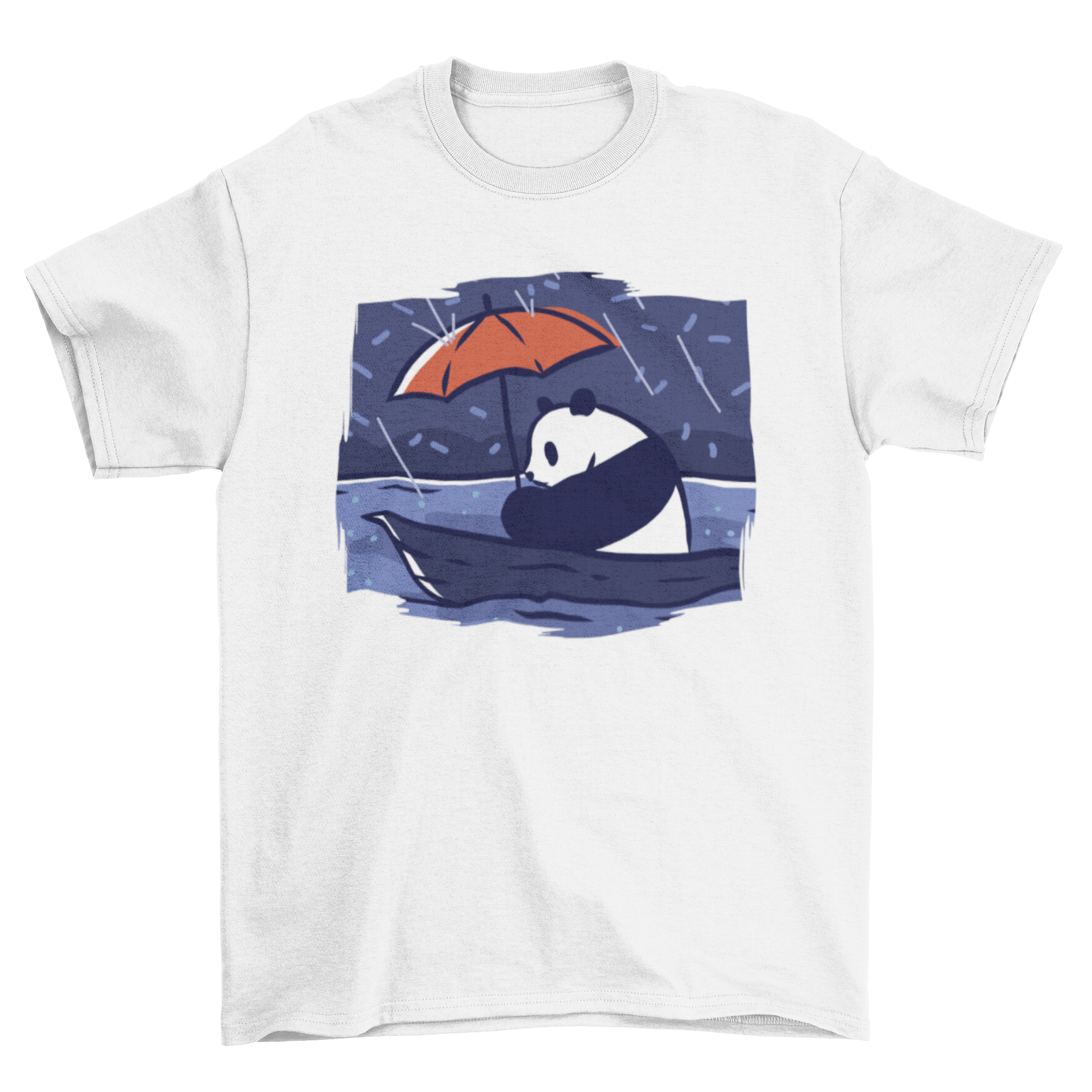 A cute t-shirt design featuring a panda bear riding a boat and holding a red umbrella, showcasing a whimsical and playful illustration.