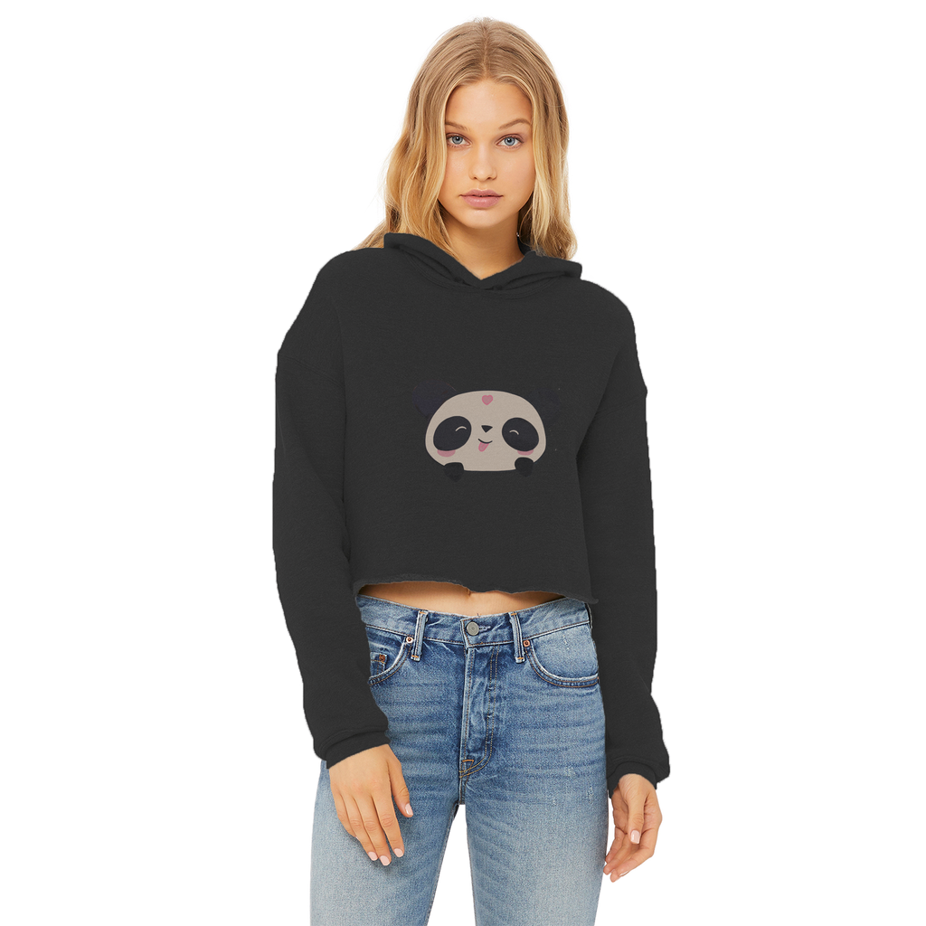 Panda Ladies Cropped Raw Edge Hoodie in various colors with a raw edge hem and double fabric hood.