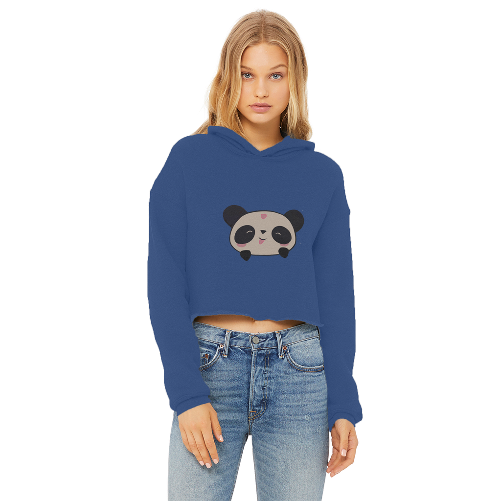 Panda Ladies Cropped Raw Edge Hoodie in various colors with a raw edge hem and double fabric hood.