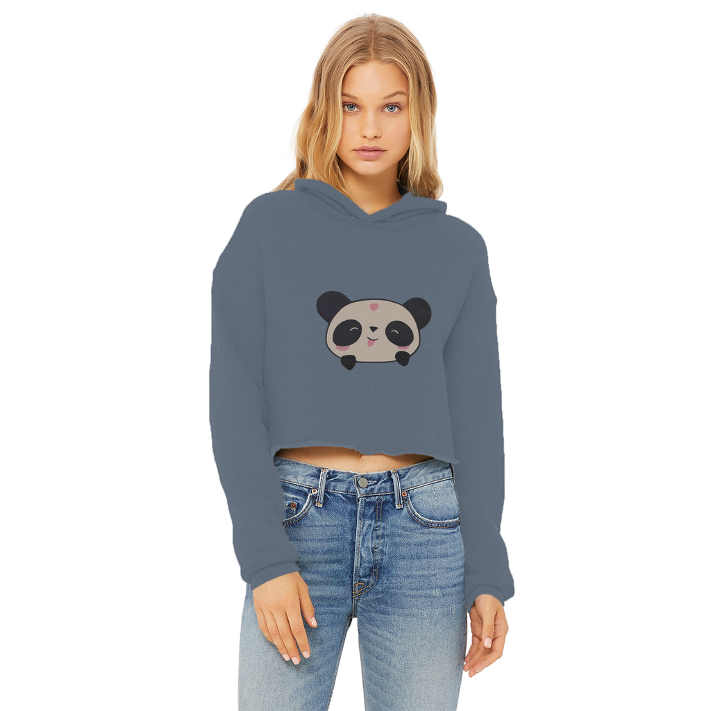 Panda Ladies Cropped Raw Edge Hoodie in various colors with a raw edge hem and double fabric hood.