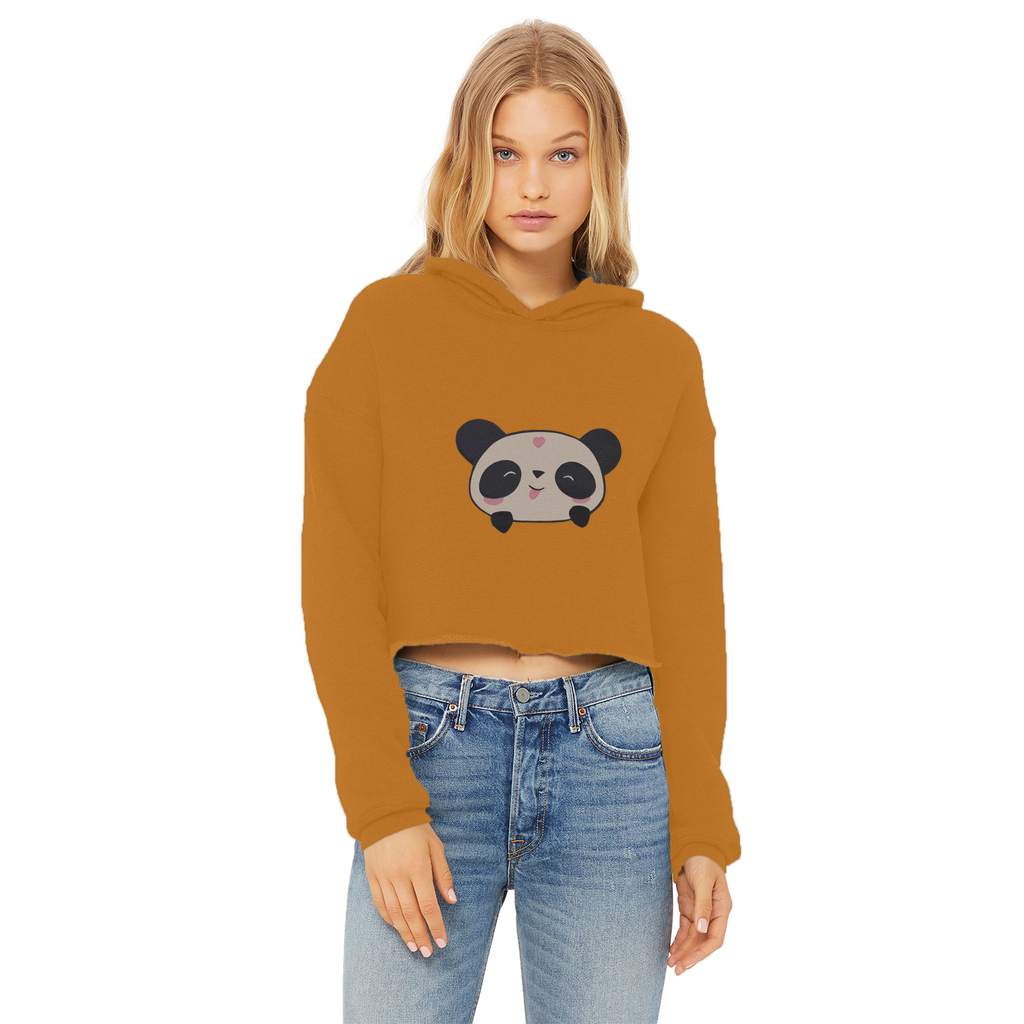 Panda Ladies Cropped Raw Edge Hoodie in various colors with a raw edge hem and double fabric hood.