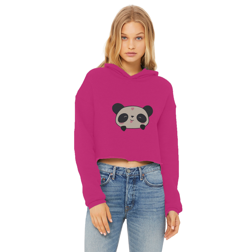 Panda Ladies Cropped Raw Edge Hoodie in various colors with a raw edge hem and double fabric hood.