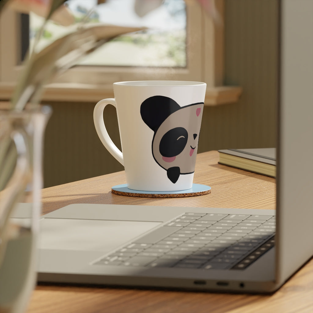 A stylish Panda Latte Mug with a C-shaped handle, made of durable white ceramic, featuring a scratch-resistant finish.