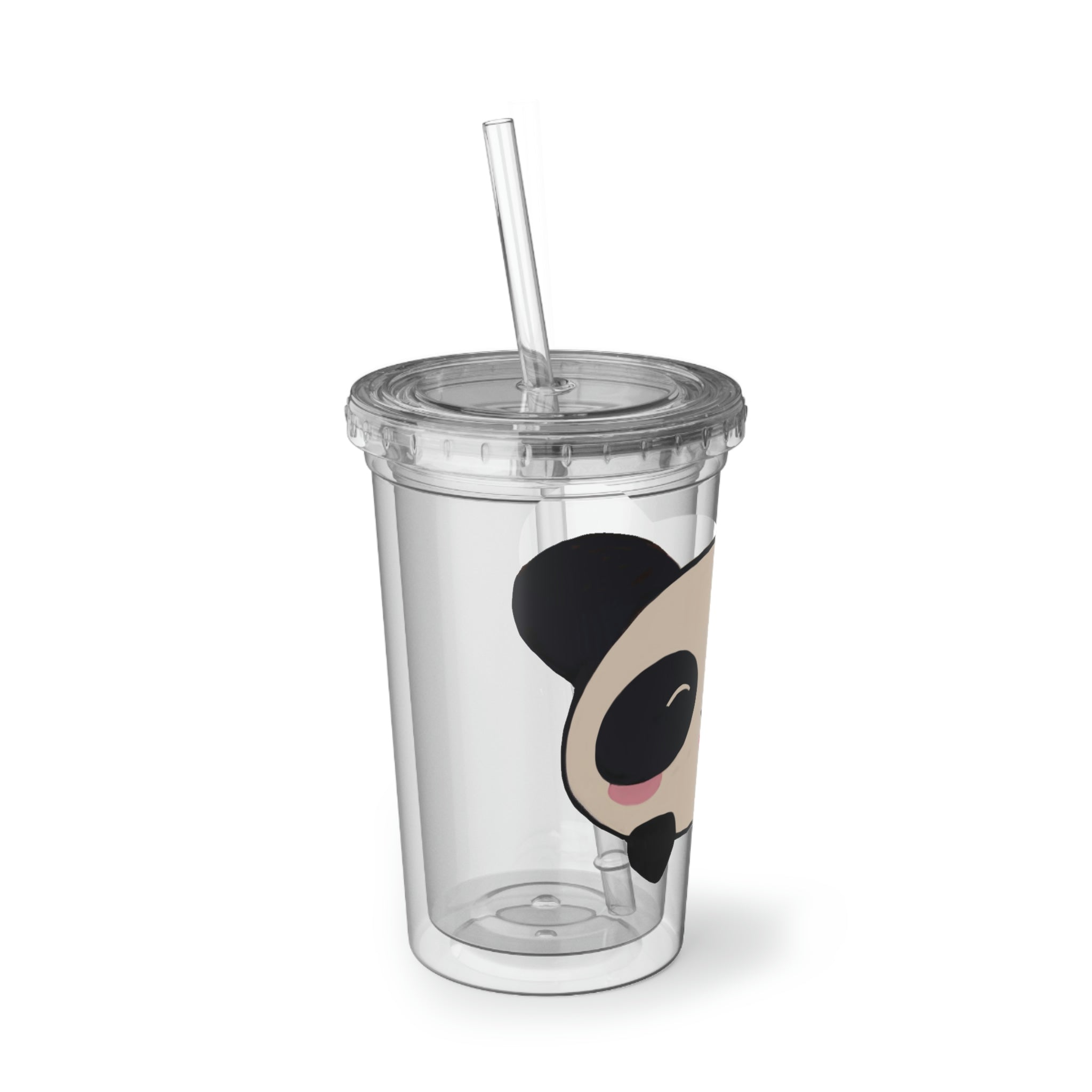 Panda Suave Acrylic Cup in stainless steel with a black screw-on cap and a plastic straw, showcasing its sleek design and 32 oz capacity.