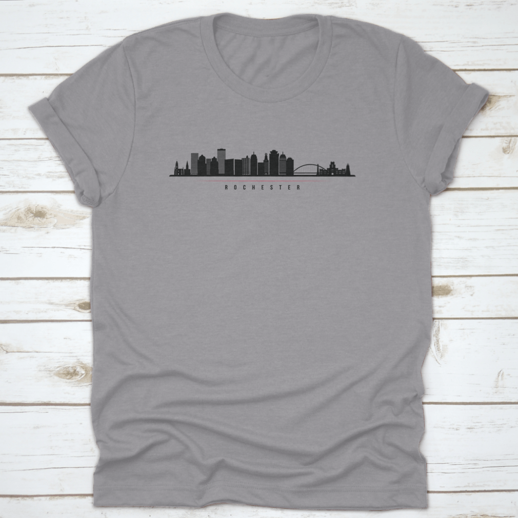 Panorama illustration of Rochester, New York skyline silhouette showcasing iconic buildings in a stylish design.