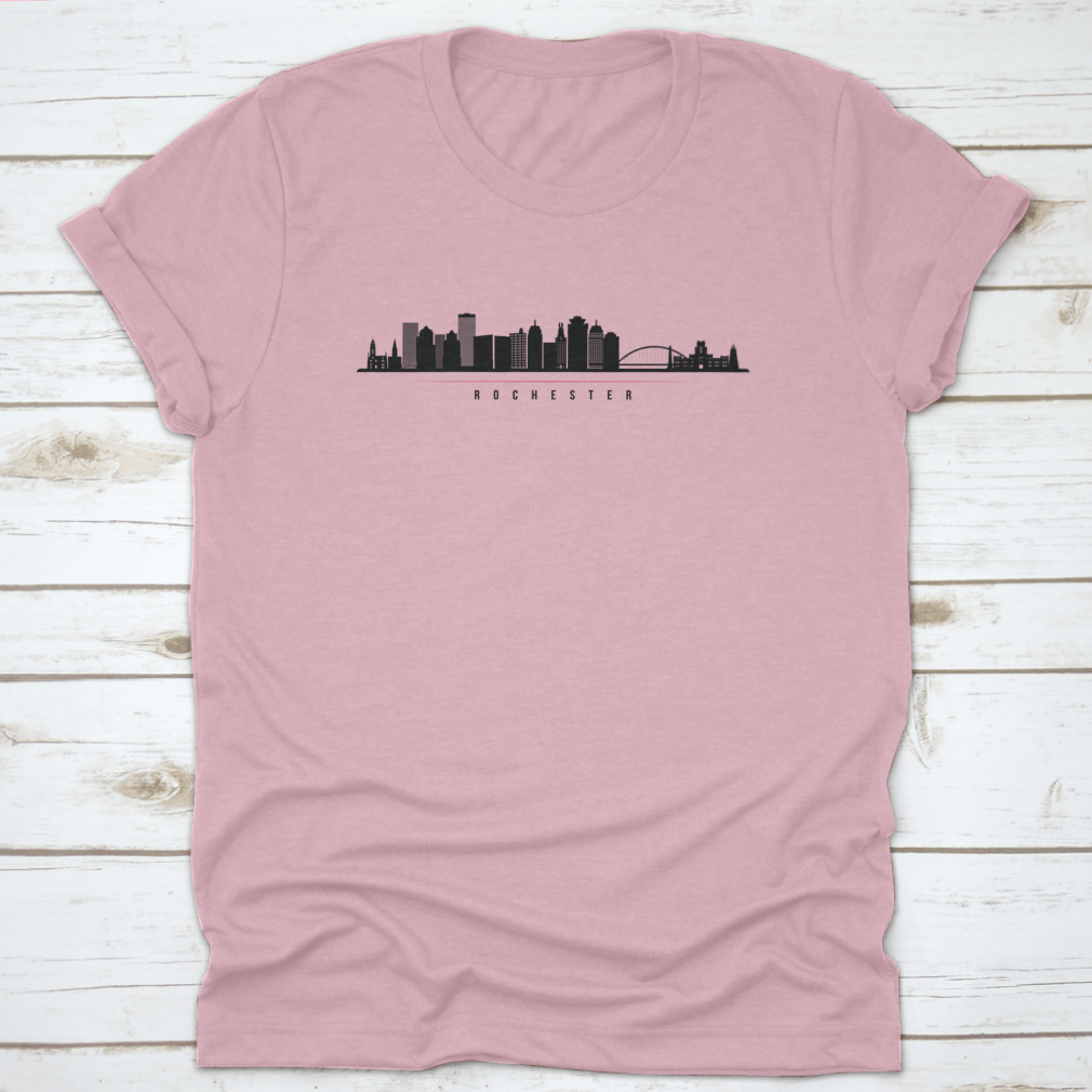 Panorama illustration of Rochester, New York skyline silhouette showcasing iconic buildings in a stylish design.