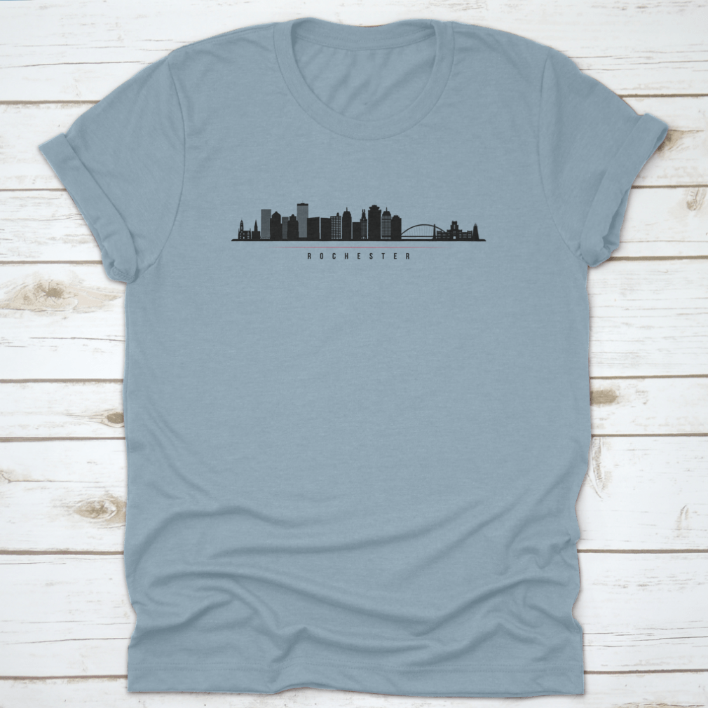 Panorama illustration of Rochester, New York skyline silhouette showcasing iconic buildings in a stylish design.